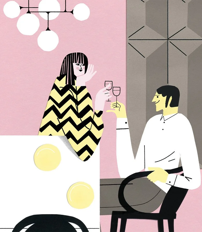 Illustration of a couple toasting champagne for Pulitzer Hotel in Amsterdam, created as part of the brand identity project by Colt, hotel branding specialists