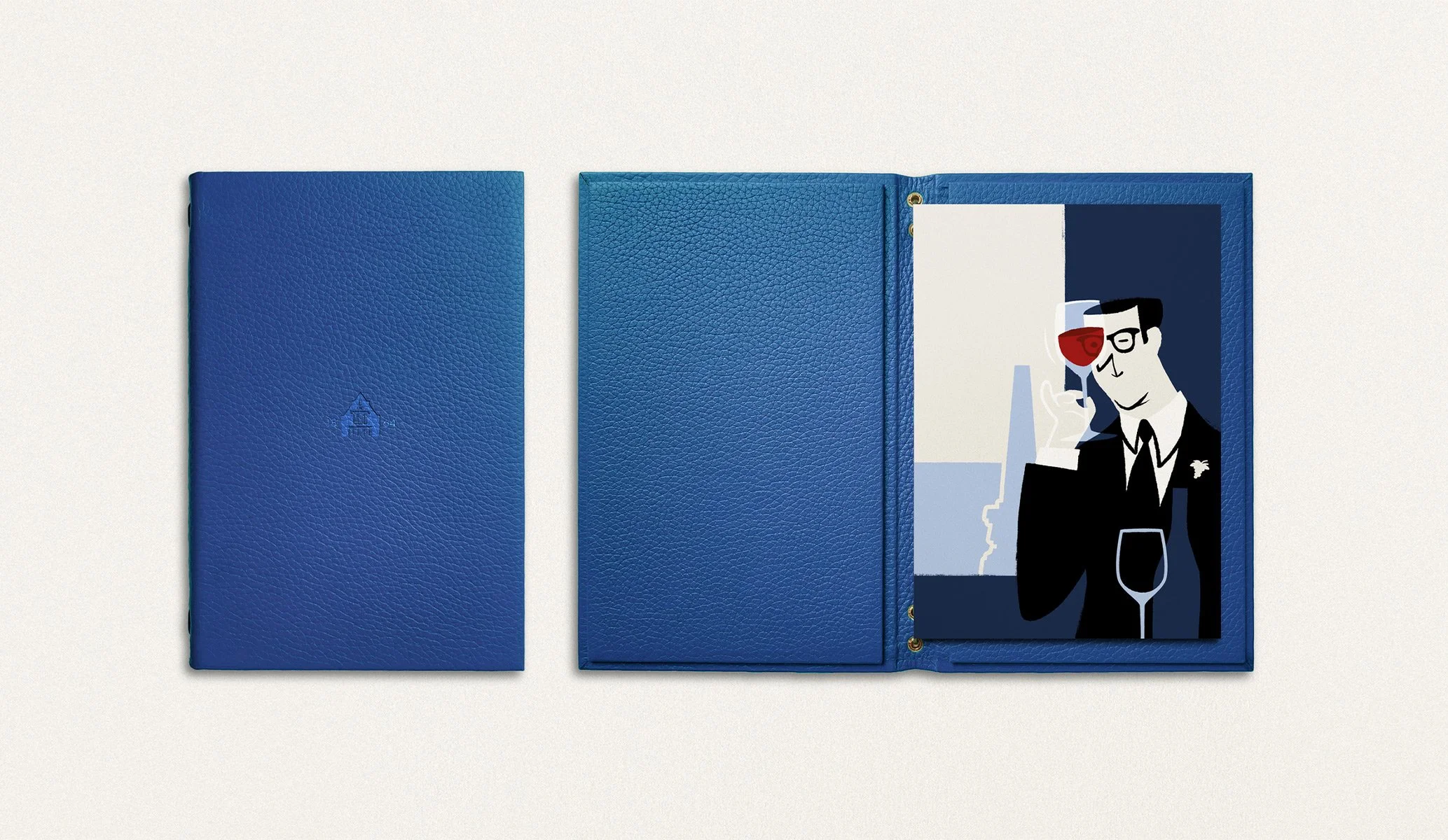 Blue leather drinks menu for Seaton House hotel created as part of the brand identity by Colt
