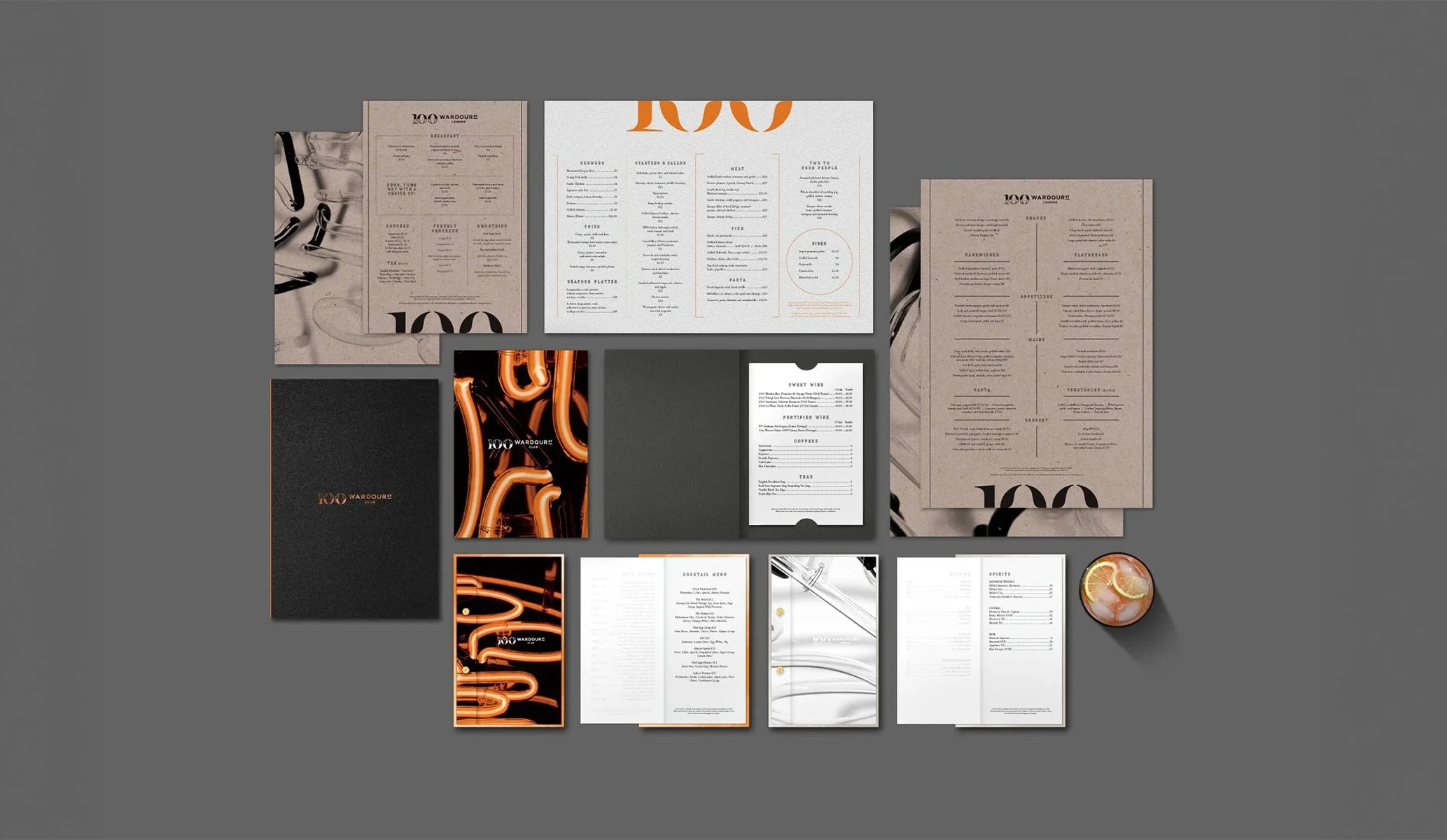 Menu collateral for 100 Wardour St created as part of the new brand identity by Colt