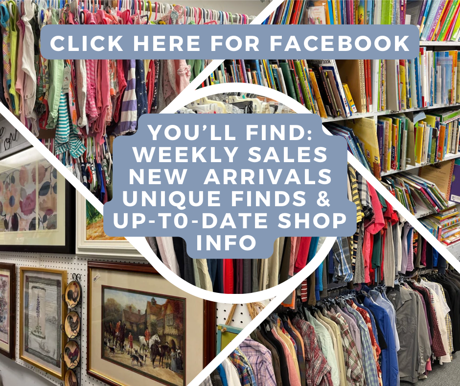 Thrift shop clothing racks and home goods, with a message to follow Facebook for new arrivals and shop updates.