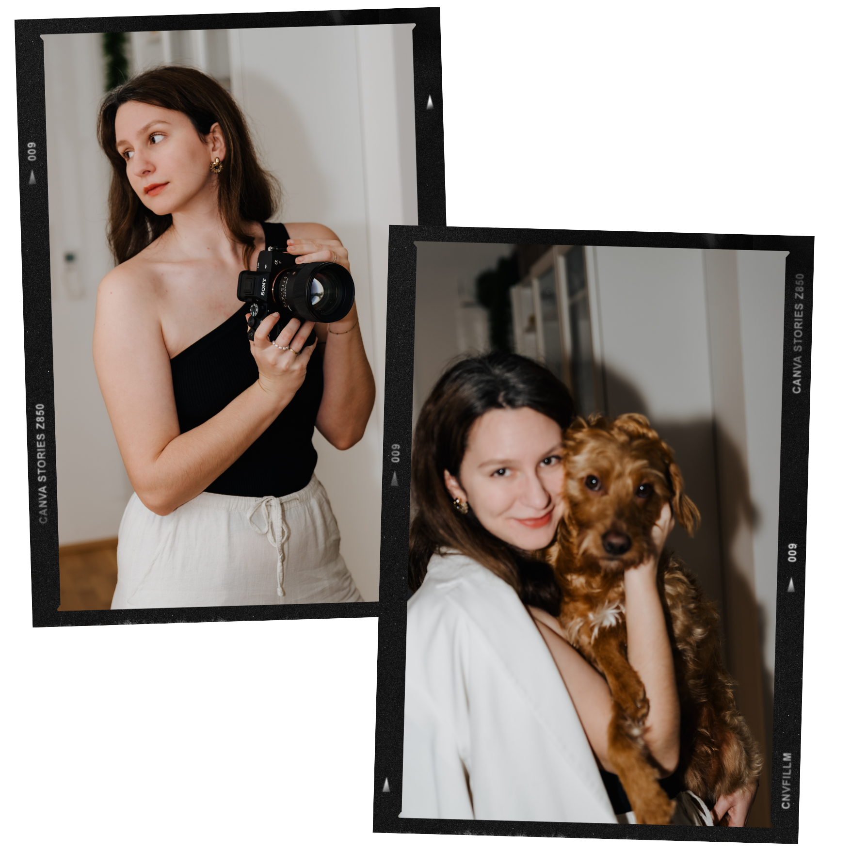 Juliana, die Fotografin, lächelt mit ihrer Kamera sehr natürlich vom Bild. In einem weiteren Vintage-Rahmen läuft die Fotografin vom Bild weg, lacht aber über ihre Schulter zurück zum Betrachter. Die 2 Fotos wirken sehr natürlich und spontan.