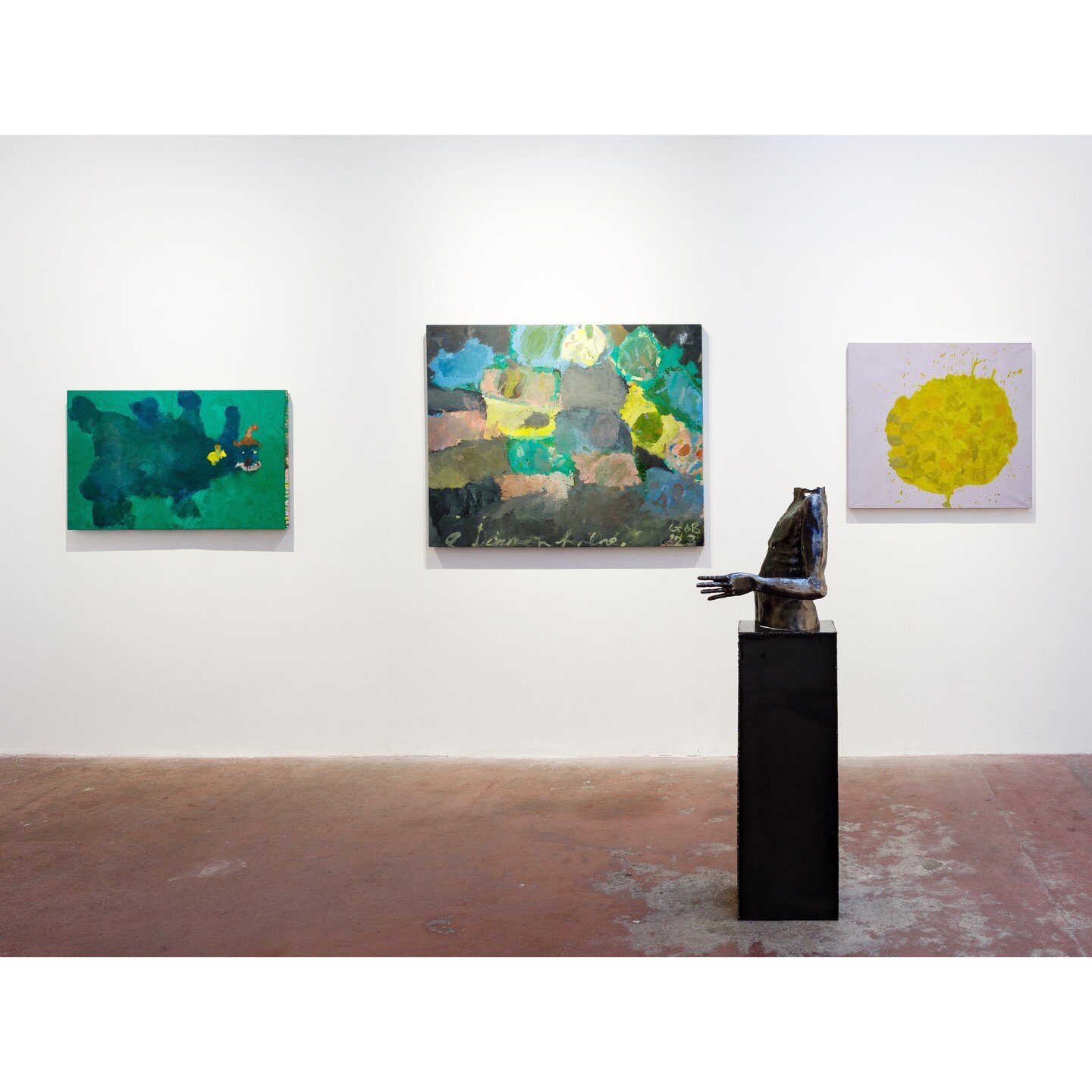 A couple of installation shots from our recent exhibition. 

The first slide features three paintings by Gerry De Banzie and a figurative study in Mild Steel by Barnaby Lewis. This sculptural work is also featured in the second image alongside five w