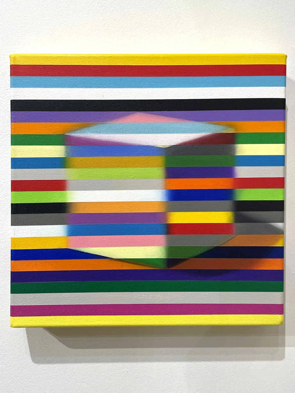 Abstract painting with multicoloured horizontal stripes revealing a softly blended cube shape