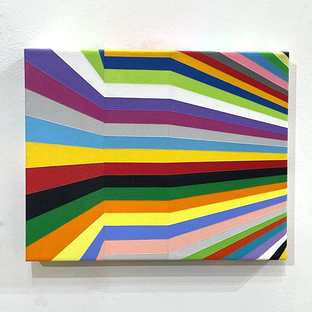 Abstract painting with angled multicolour bands converging toward a central fold