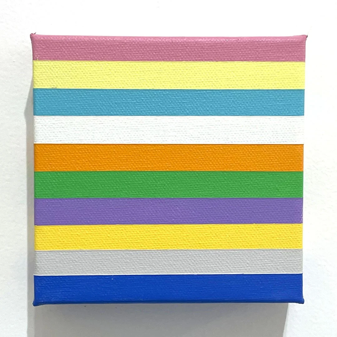 Horizontal striped abstract painting featuring soft pastel and vibrant bands of colour