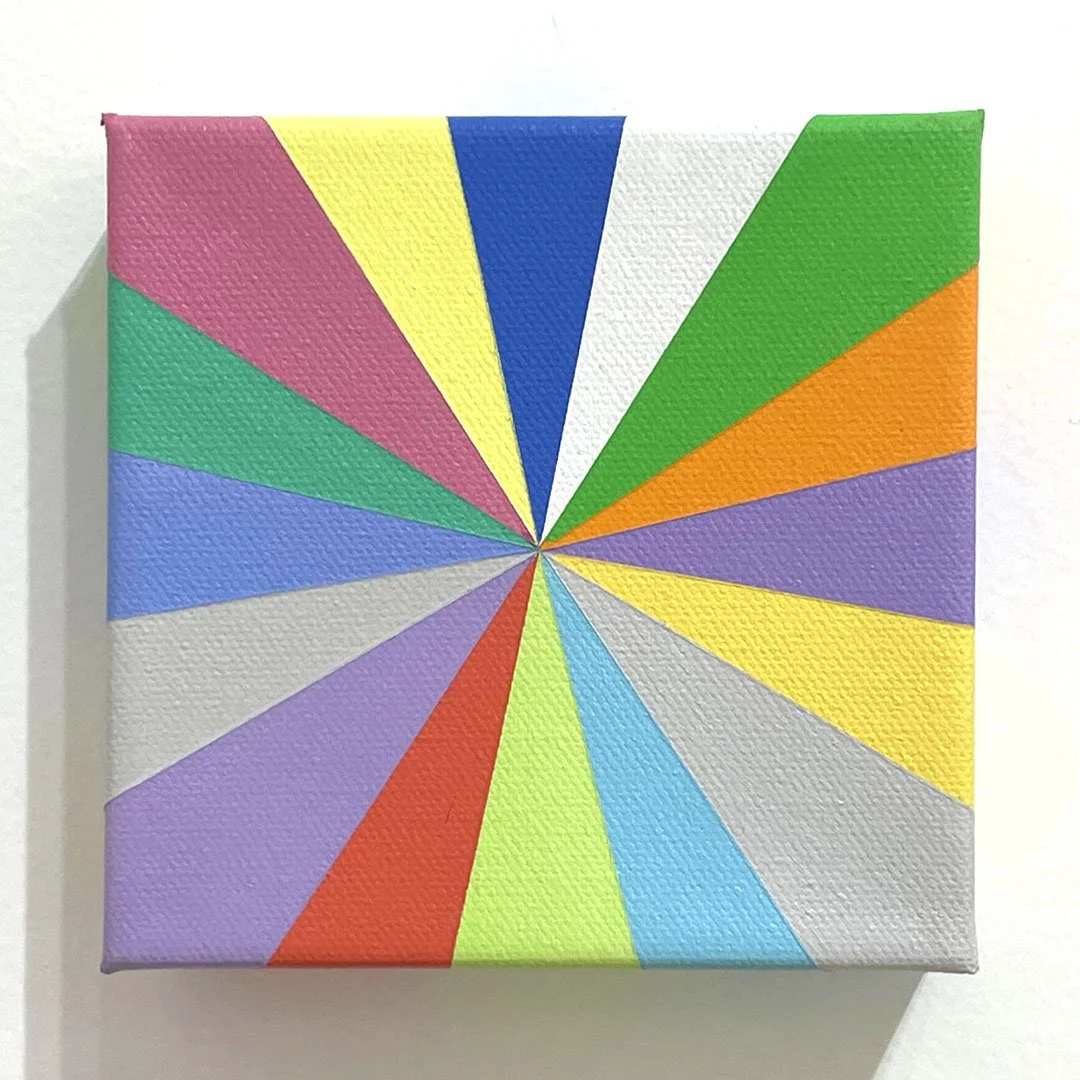 Radiating abstract painting with multicolored triangular rays converging to a central point