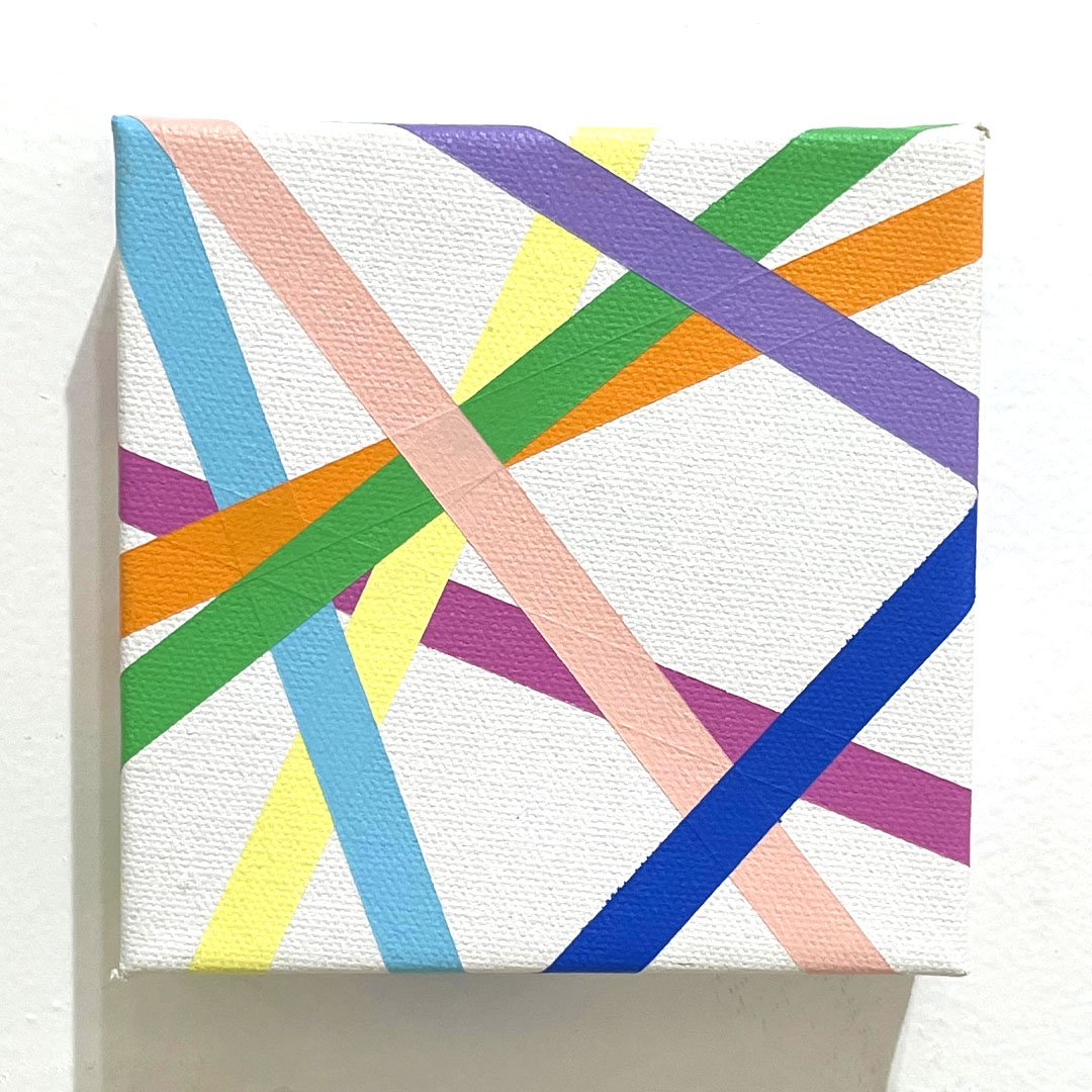 Abstract painting with intersecting colourful lines on a white background