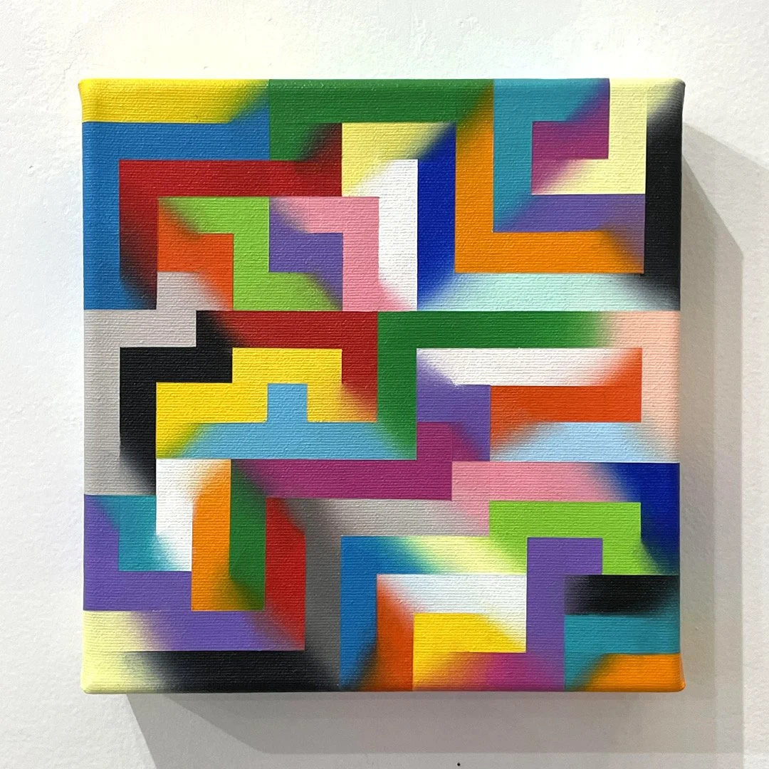 “Corridors,” 8 x 8 inch square hard-edge abstract painting of interwoven maze-like forms in vibrant colour bands, with soft gradients that suggest movement through structured space.