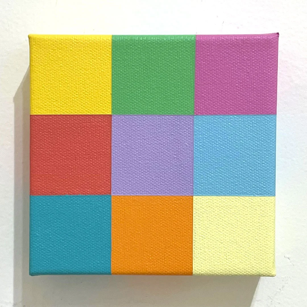 Colour-block abstract painting composed of nine pastel squares arranged in a balanced grid