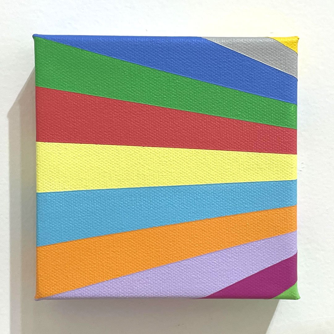 Diagonal striped abstract painting with bold overlapping bands of colour
