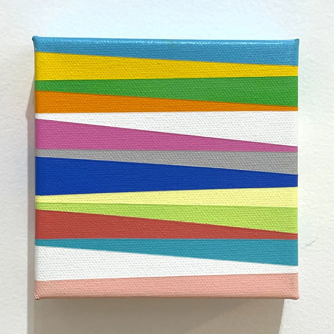 Horizontal and diagonal striped abstract painting with bright multicoloured bands