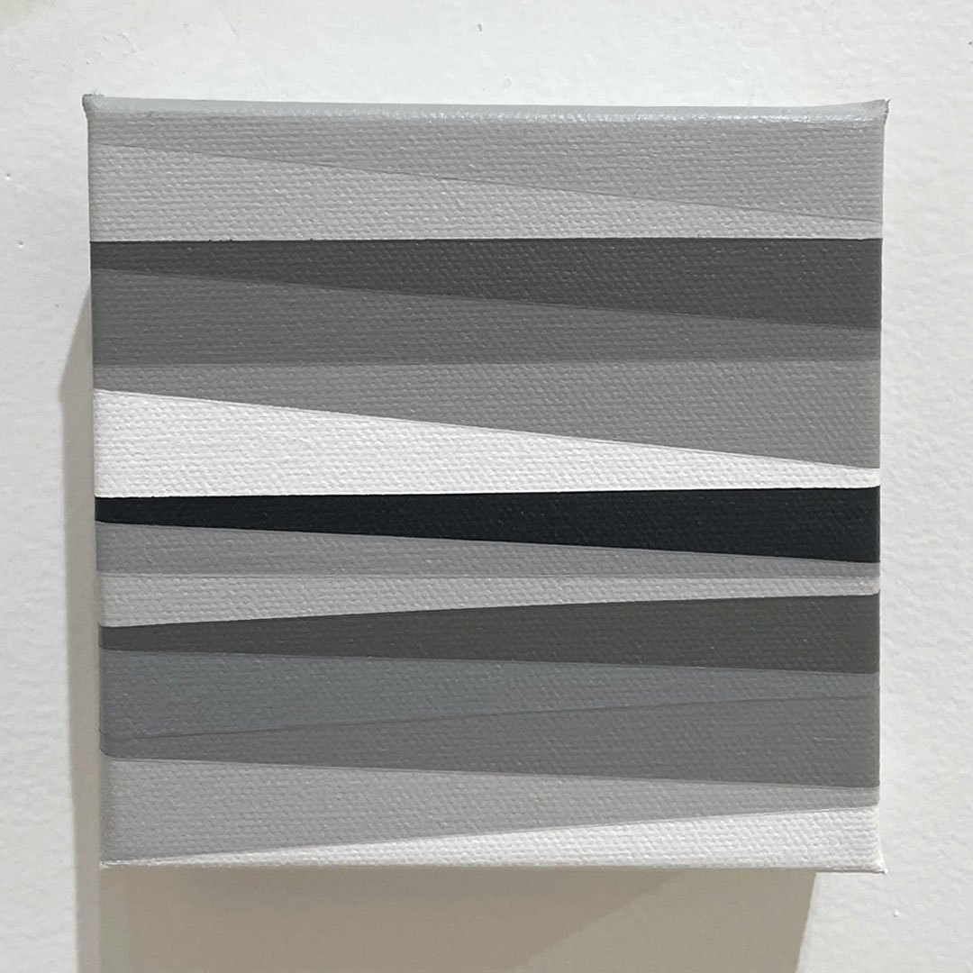 grayscale abstract painting with horizontal tapered bands in black, white, and grey