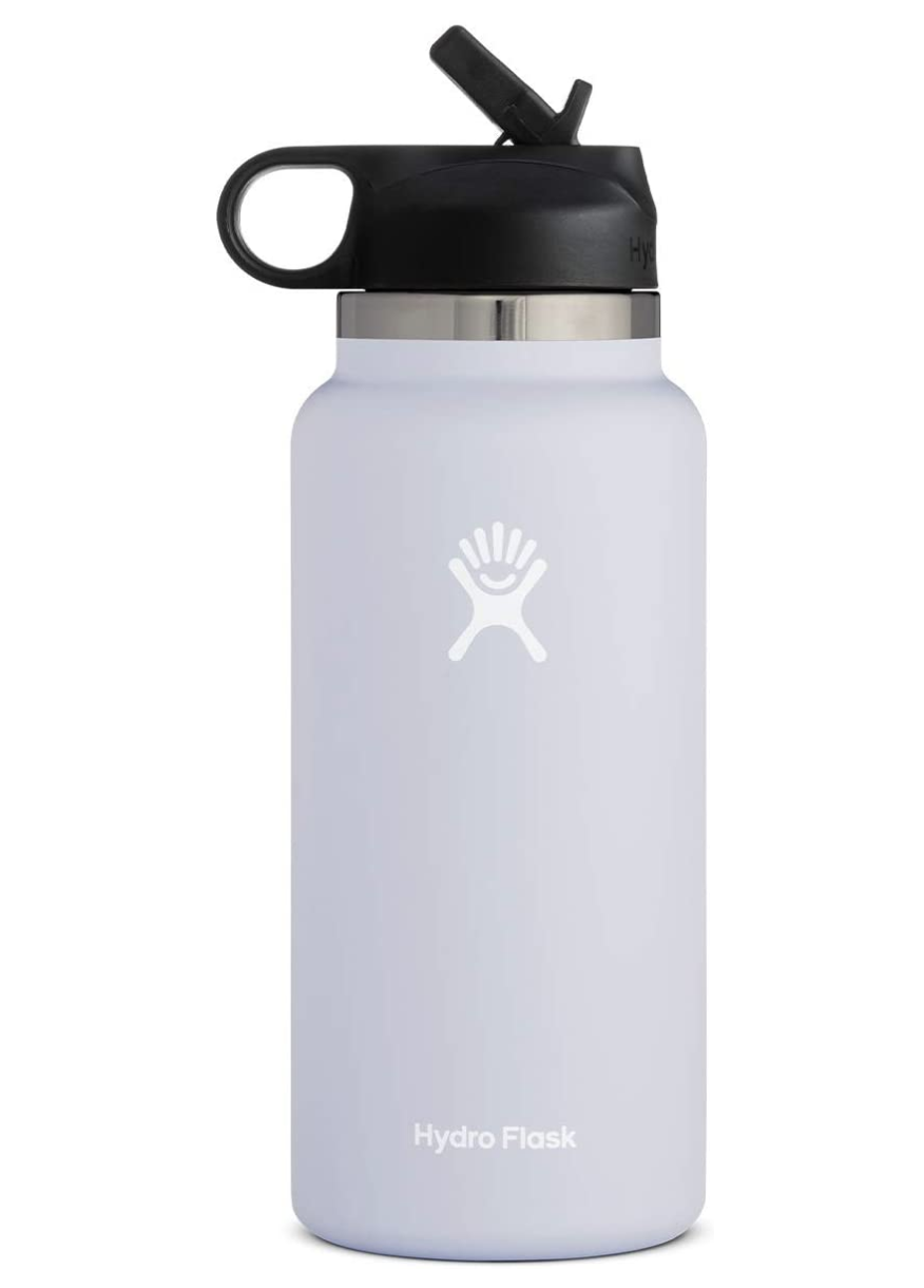 Gray insulated hydroflask water bottle with a black straw top lid