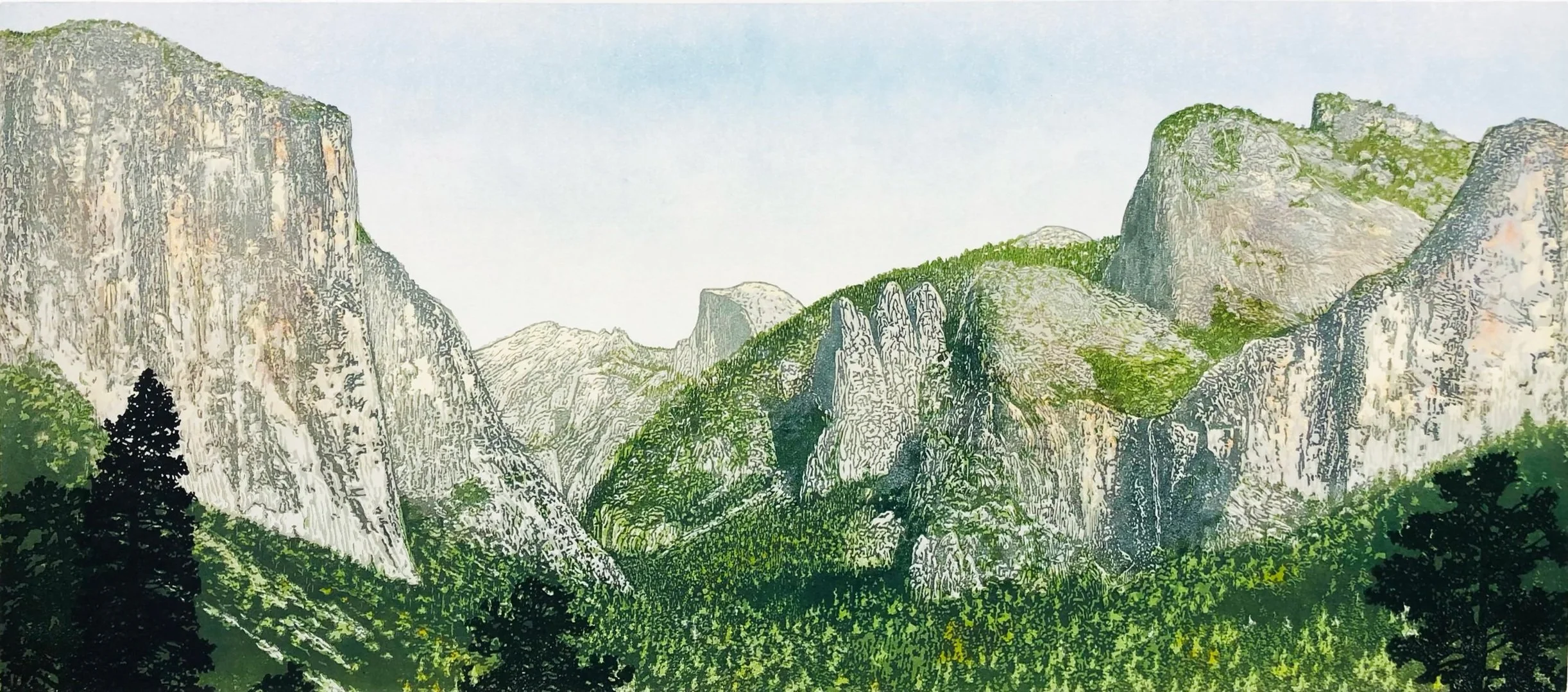"Incomparable Valley", Limited Edition of 29, 
16” x 30” Reductive Linocut Relief Print
