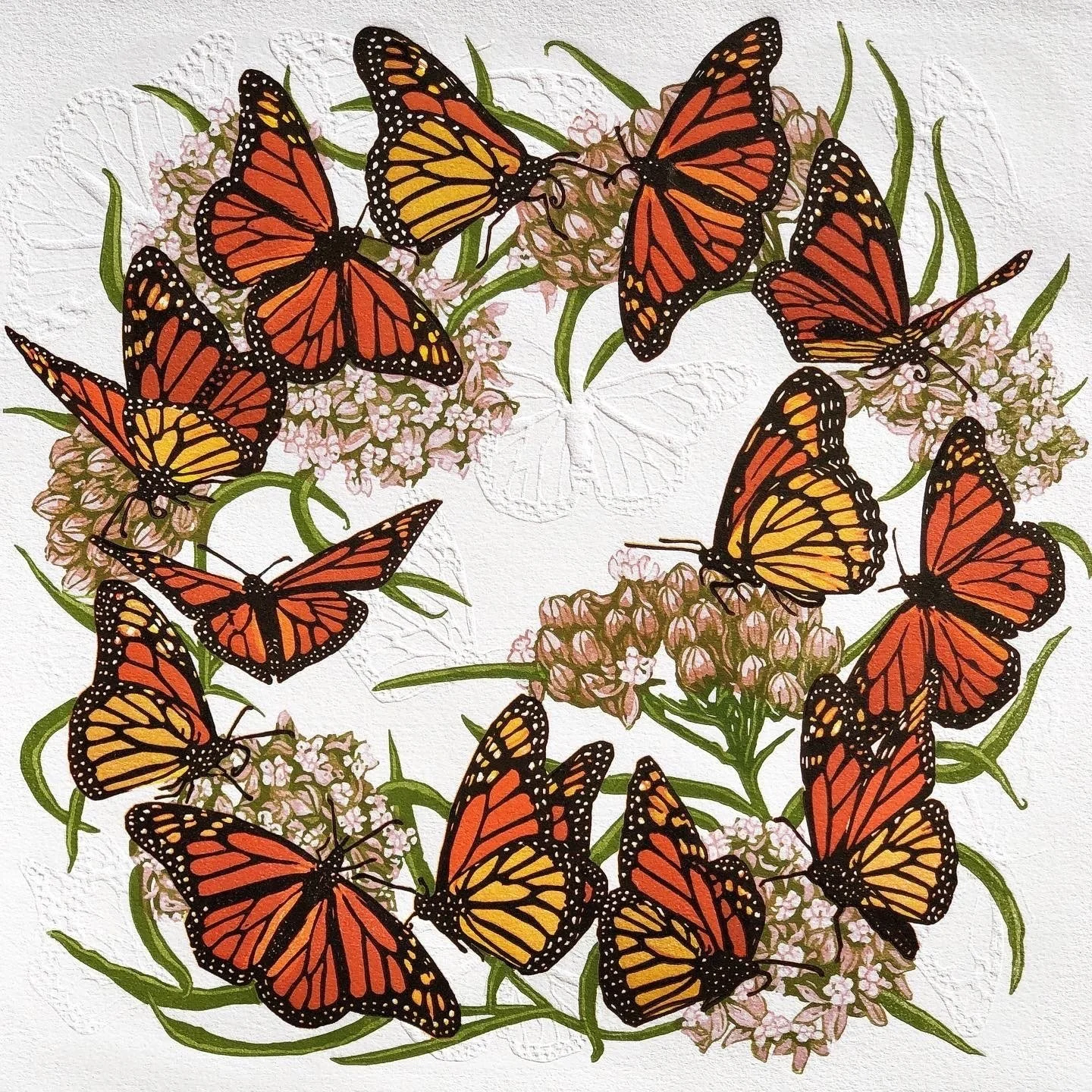 “Twelve Monarchs & A Viceroy”, Limited Edition of 37, 11" x 11" Reductive Linocut Relief Print with Blind Embossing