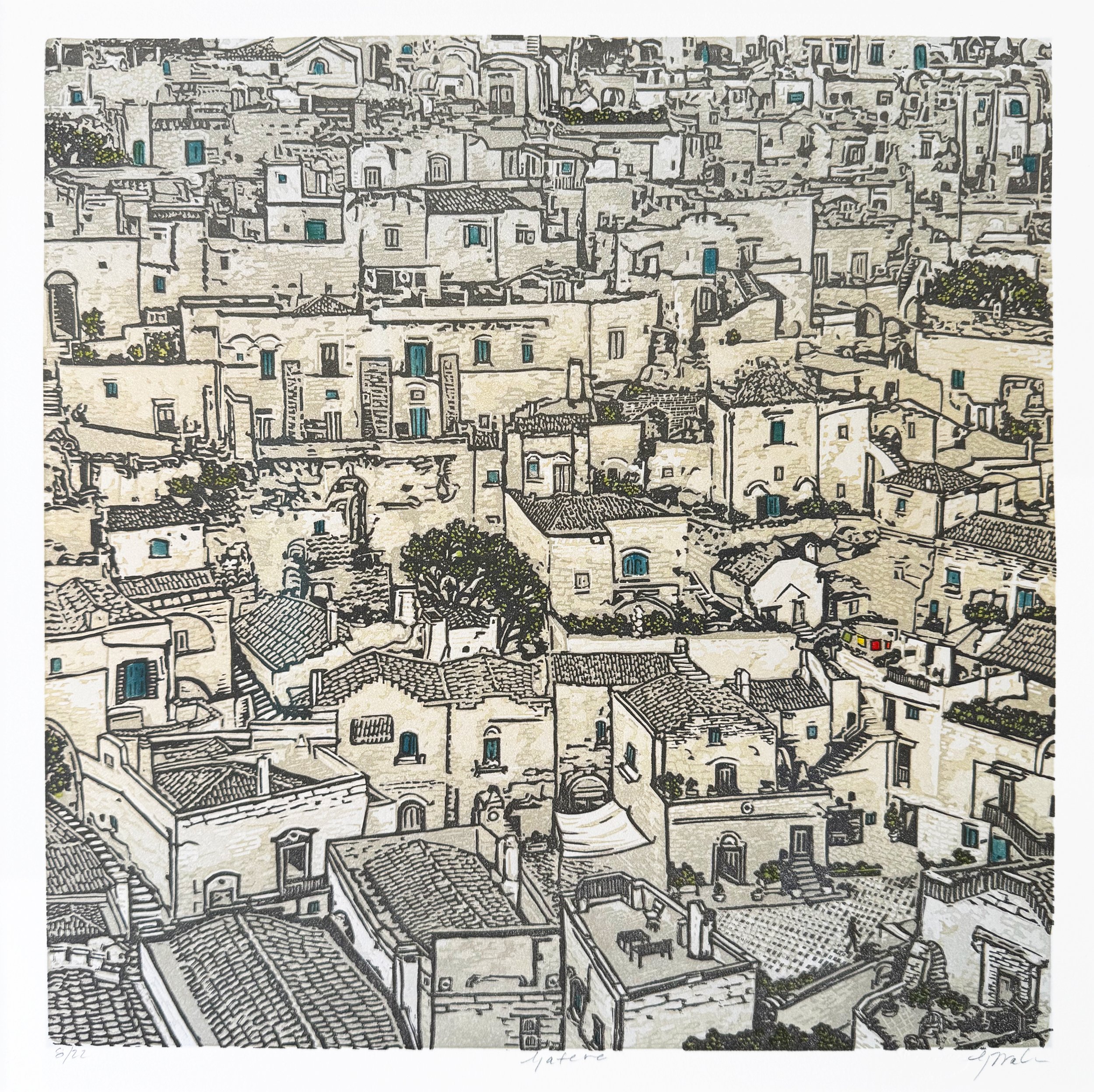 "Matera", Limited Edition of 22, 
12” x 12” Reductive Linocut Relief Print

