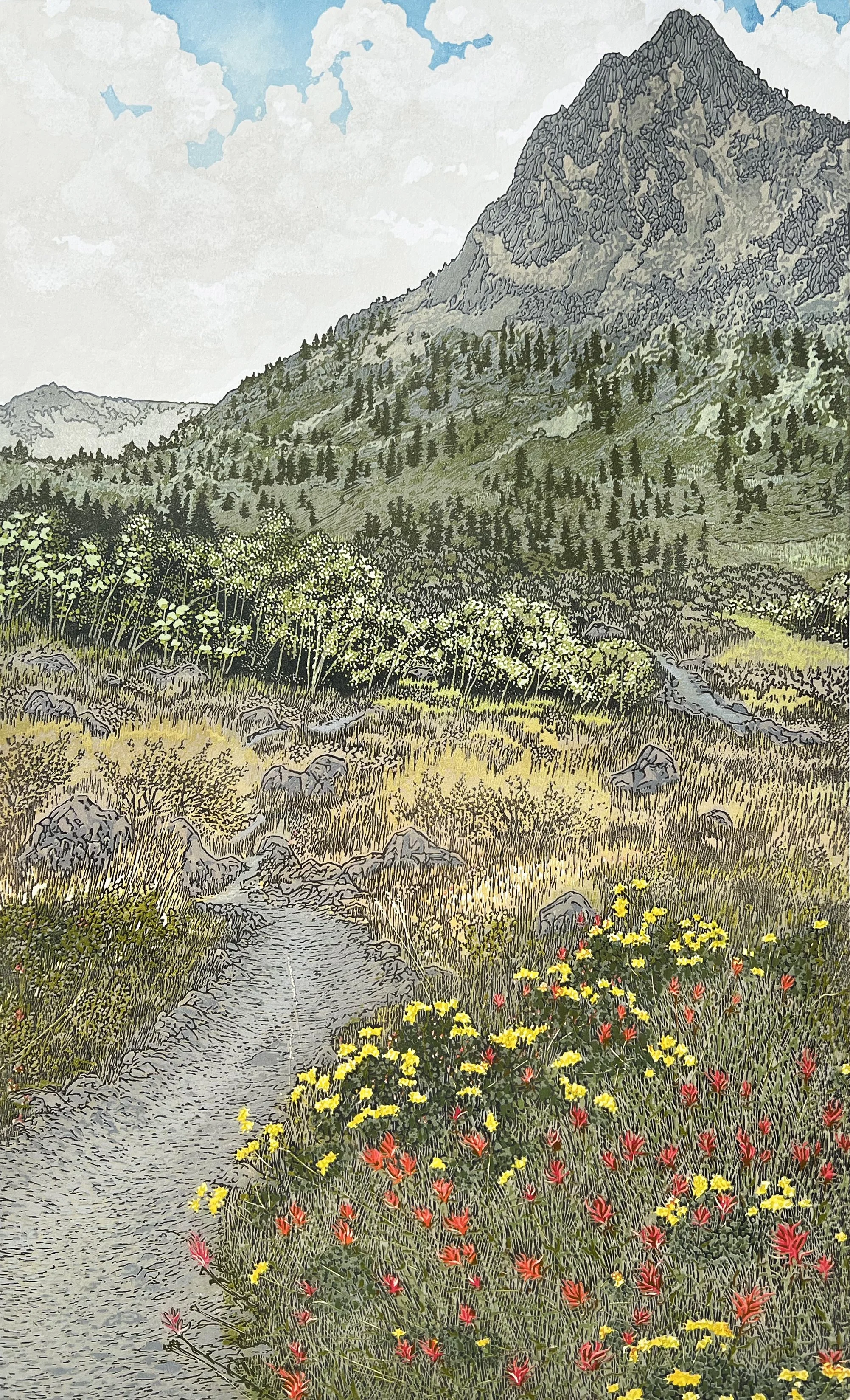 "Wander", Limited Edition of 30,
21” x 13.5” Reductive Linocut Relief Print
