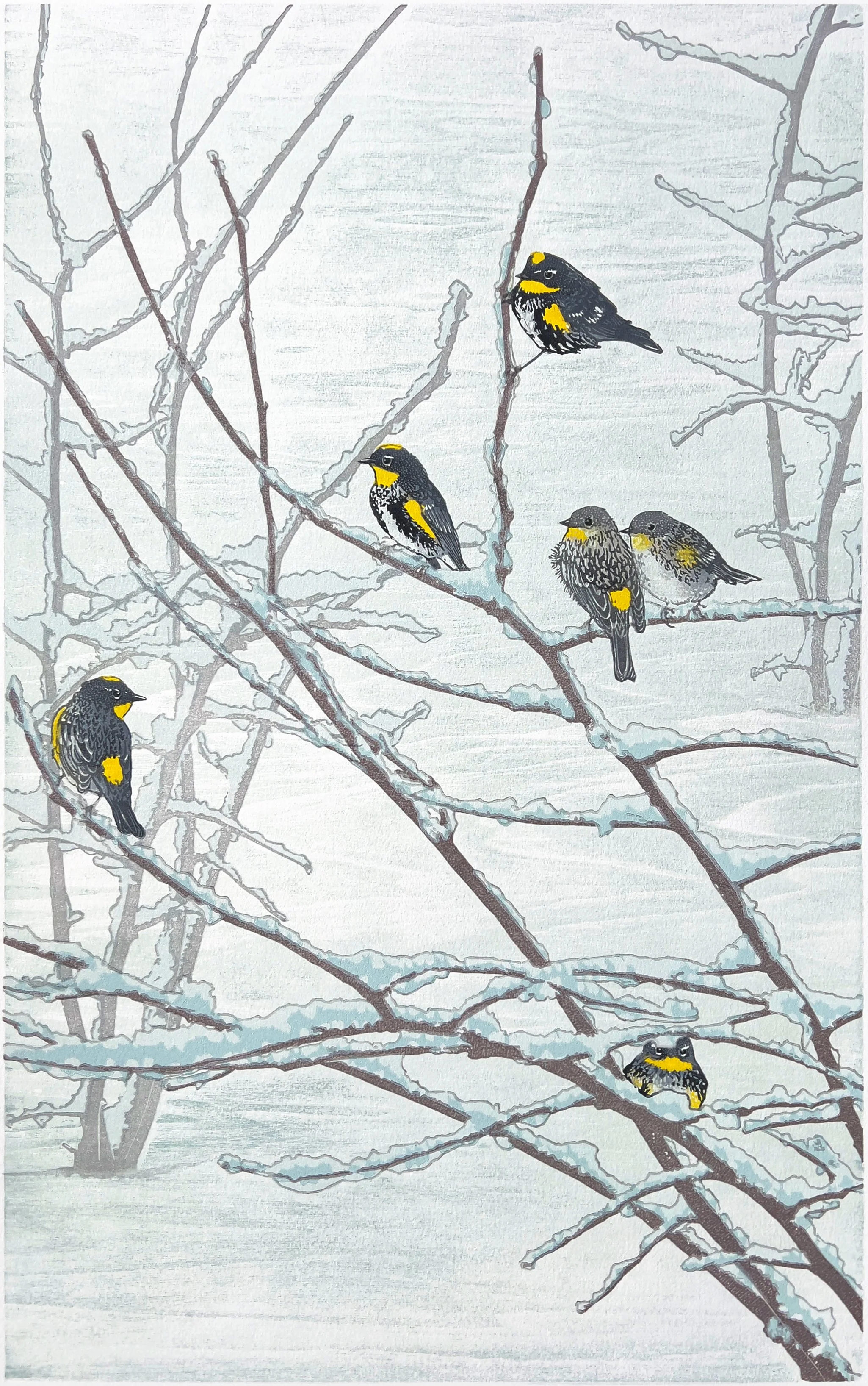 “Butterbutts on Redbuds”, Limited Edition of 22, 20” x 12” Reductive Linocut Relief Print