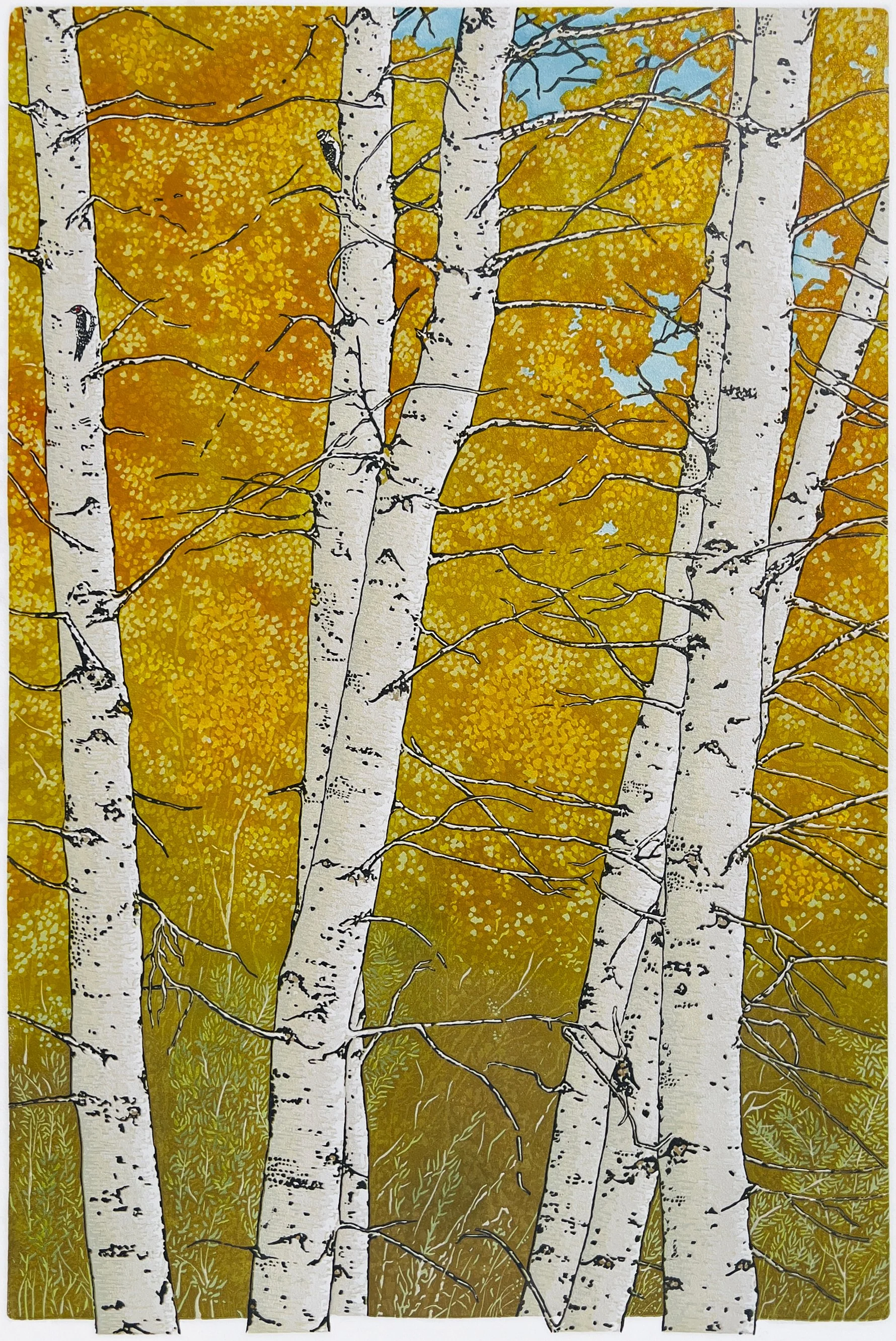 "Fall Visitors", Limited Edition of 23, 
24” x 16” Reductive Linocut Relief Print