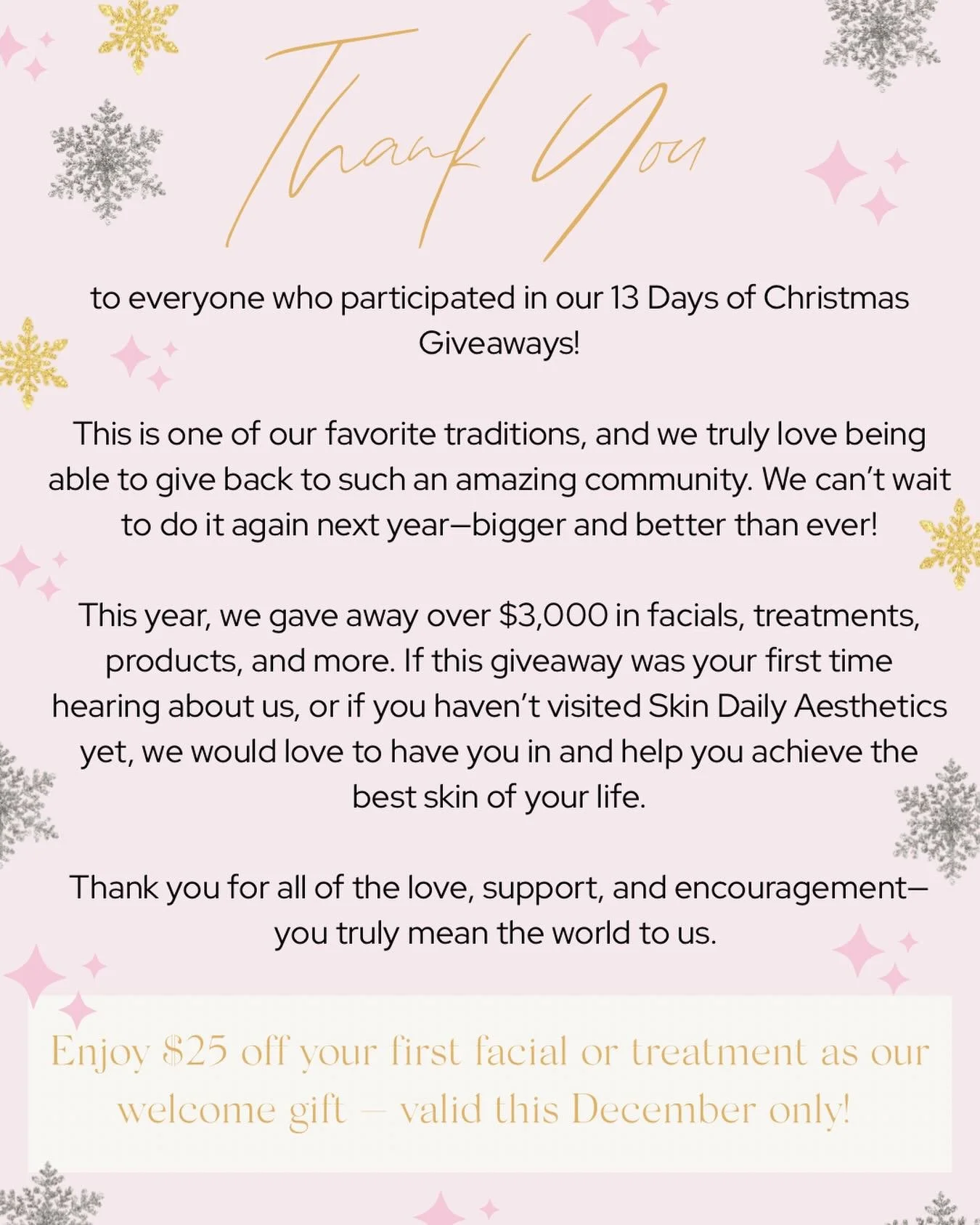 𝗦𝗼 𝘁𝗵𝗮𝗻𝗸𝗳𝘂𝗹 𝗳𝗼𝗿 𝗮𝗹𝗹 𝘁𝗵𝗲 𝗹𝗼𝘃𝗲 &amp; 𝘀𝘂𝗽𝗽𝗼𝗿𝘁!💖

13 Days of Christmas was a dream!🎄🎁

📍4136 Carroll Street NW Covington, GA 30014
📅 www.skindailyaesthetics.com
📞 470-721-9848
&bull;
&bull;
&bull;
#covingtonga #covingt