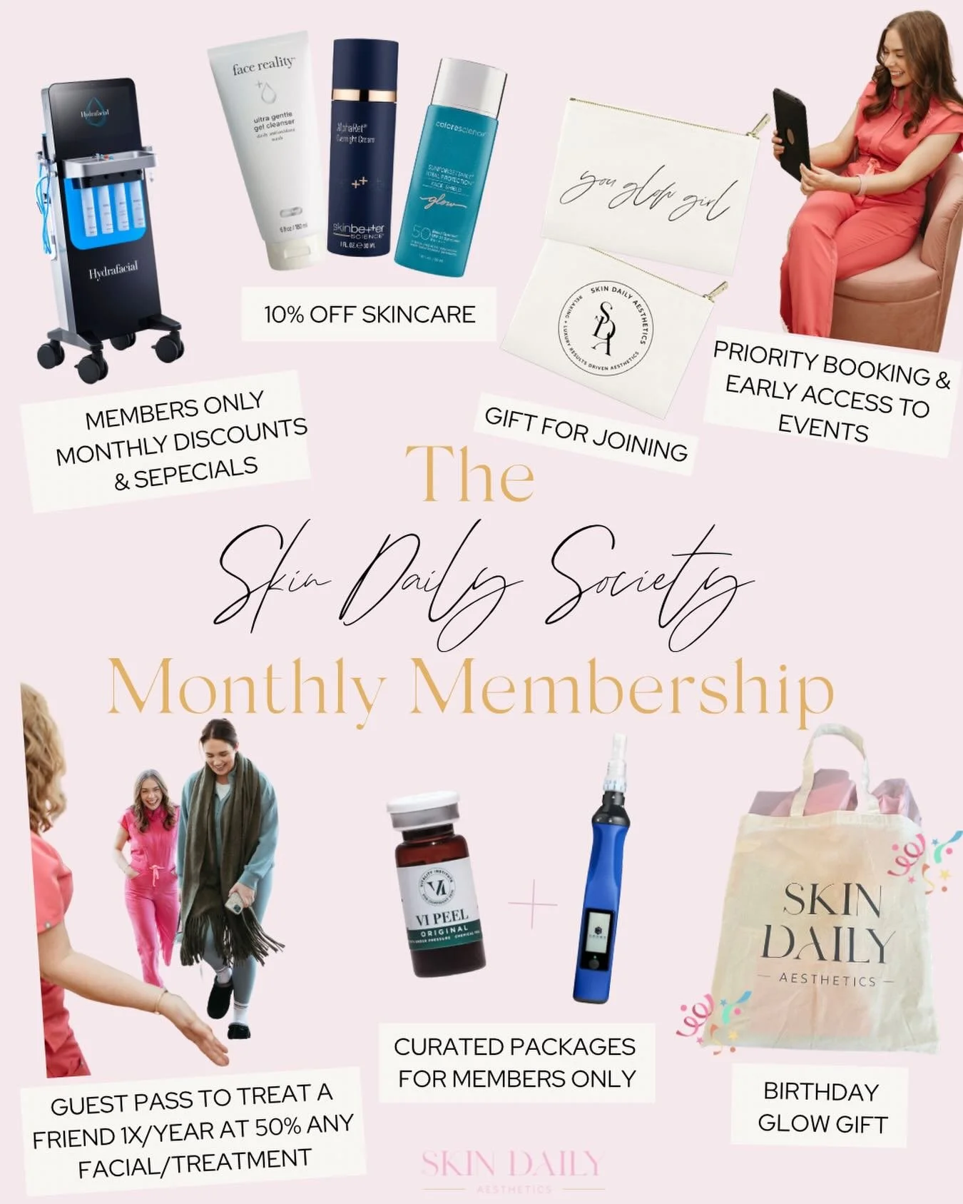 𝗖𝗼𝗻𝘀𝗶𝗱𝗲𝗿 𝘁𝗵𝗶𝘀 𝘆𝗼𝘂𝗿 𝗺𝗼𝗻𝘁𝗵𝗹𝘆 𝗴𝗹𝗼𝘄 𝗶𝗻𝘃𝗲𝘀𝘁𝗺𝗲𝗻𝘁!✨

The Skin Daily Society is $100/month &mdash; and every dollar is bankable and can be used toward any facial, treatment, or brow service. Exclusive perks, priority book