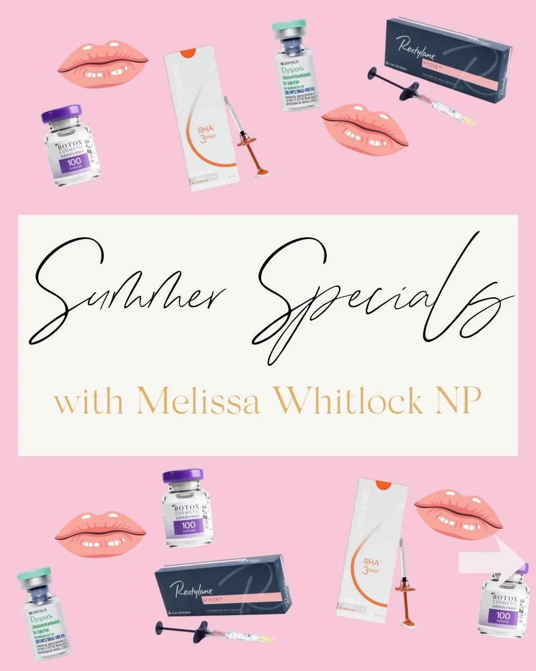 𝗬𝗼𝘂𝗿 𝘀𝘂𝗺𝗺𝗲𝗿 𝗿𝗲𝗳𝗿𝗲𝘀𝗵 𝘀𝘁𝗮𝗿𝘁𝘀 𝗵𝗲𝗿𝗲!💖💉☀️ 

From Botox and Dysport to lip filler and Sculptra, Melissa&rsquo;s special pricing is available for a limited time. Don&rsquo;t wait to reserve your spot!

𝘽𝙤𝙤𝙠 𝙣𝙤𝙬 𝙖𝙩 𝙨𝙠?