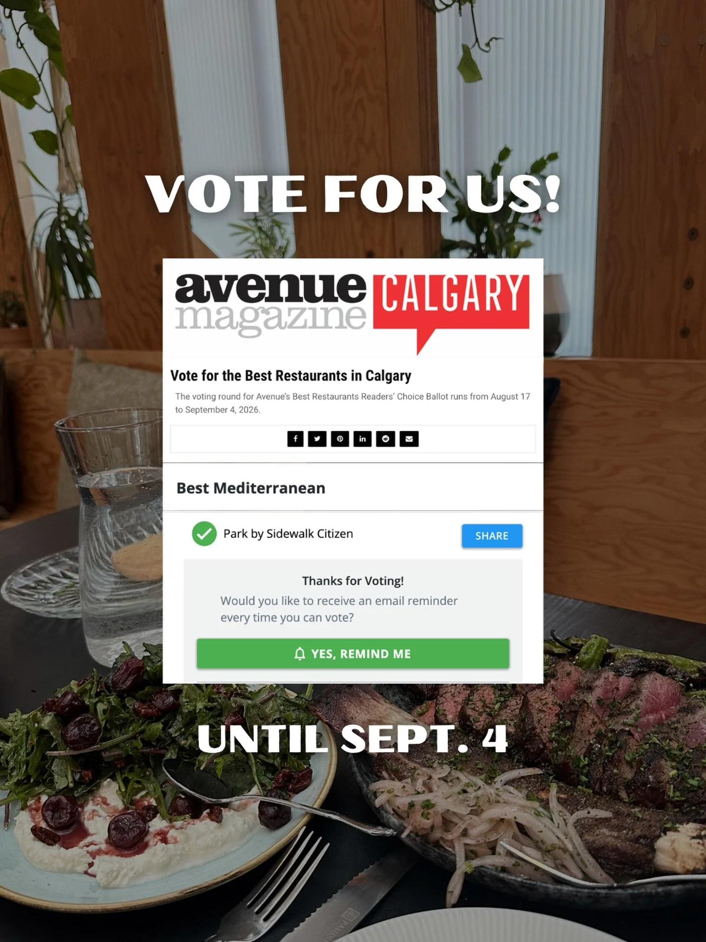 We&rsquo;re honoured to have been nominated for @avenuemagazine &lsquo;s Best Mediterranean Restaurant in Calgary! 💓

Voting is open online now until September 4th! Link is in our bio. 🗳️ 

Thank you for letting us cook for you, create for you &amp