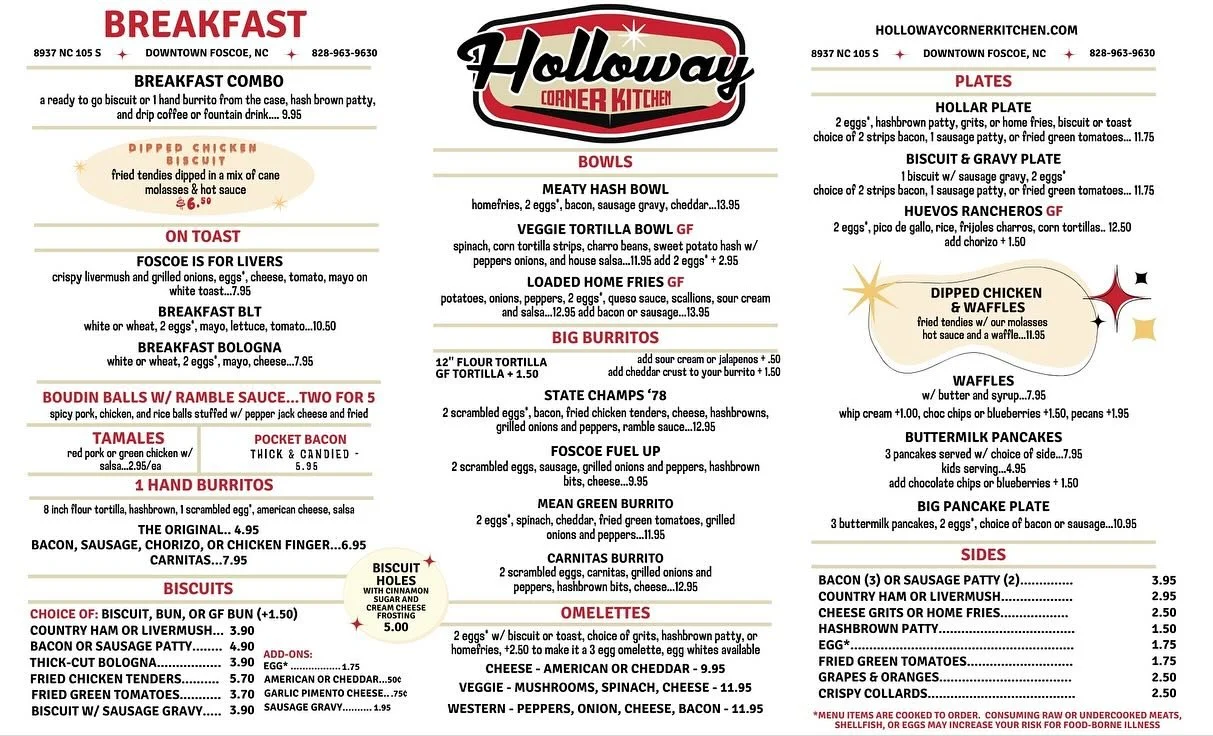 *****NEW MENUS****** 
#hollowaycornerkitchen #stayaliveon105 #foscoenc #foscoe #boone #bannerelk