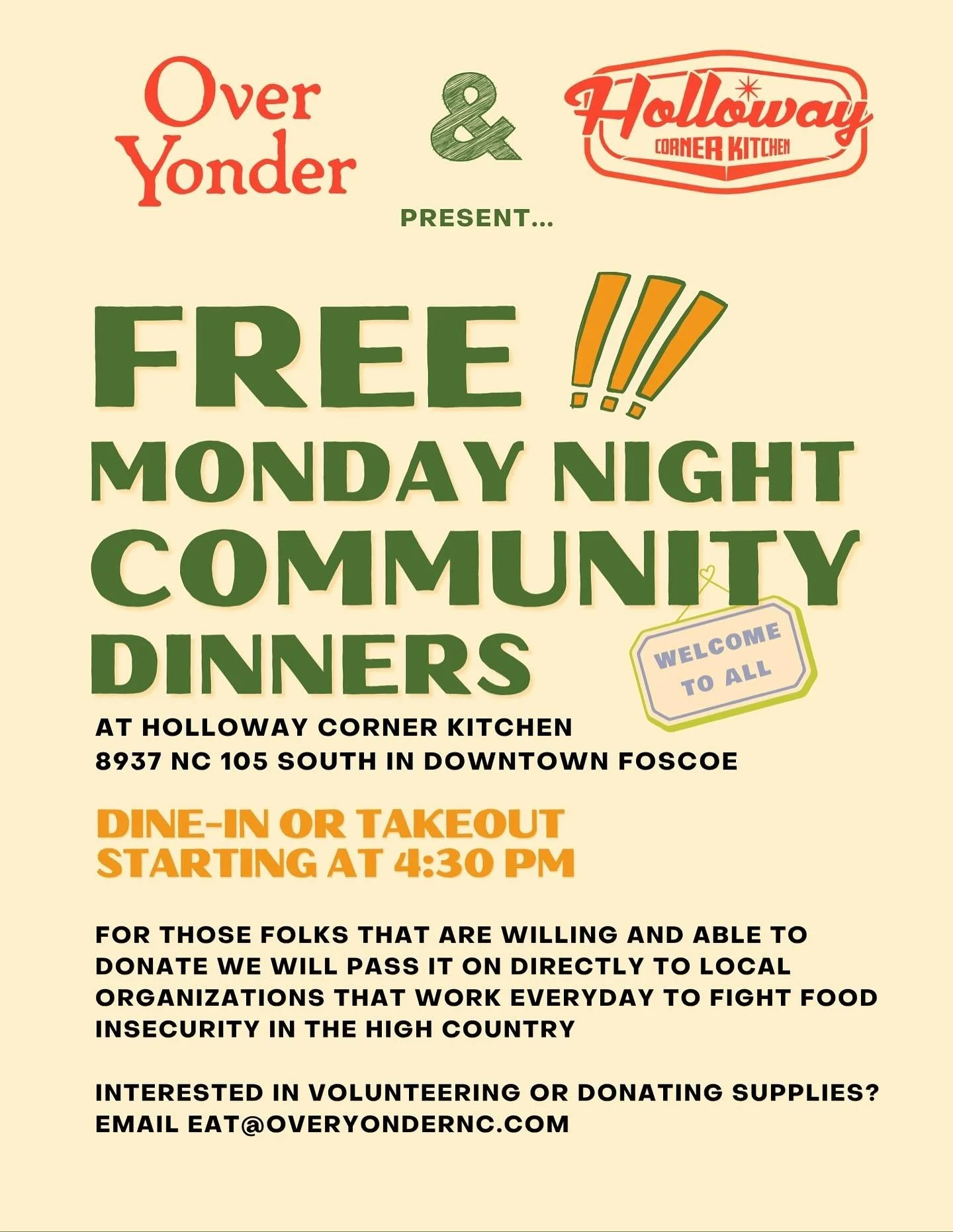 This Monday, November 10, sister restaurants @overyondernc in Boone and @hollowaycornerkitchen in Foscoe will begin hosting Monday Community Dinners. The meals will be completely free and available to the public, and served from 4-7pm. 
For more info