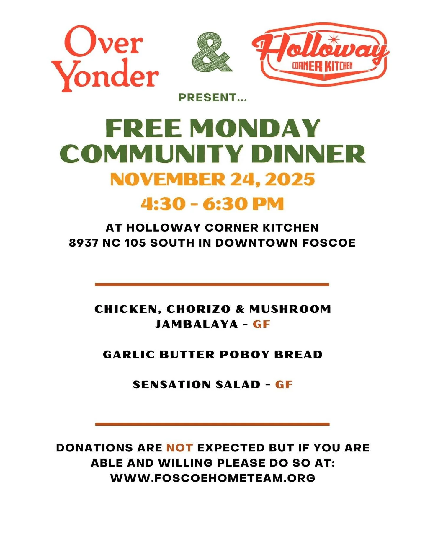 @hollowaycornerkitchen and @overyondernc are back in action TONIGHT with our MONDAY NIGHT COMMUNITY DINNER!! Big thanks to sponsors @forest_forage_farm and @maws_produce_ and collaborators @foscoe_hometeam