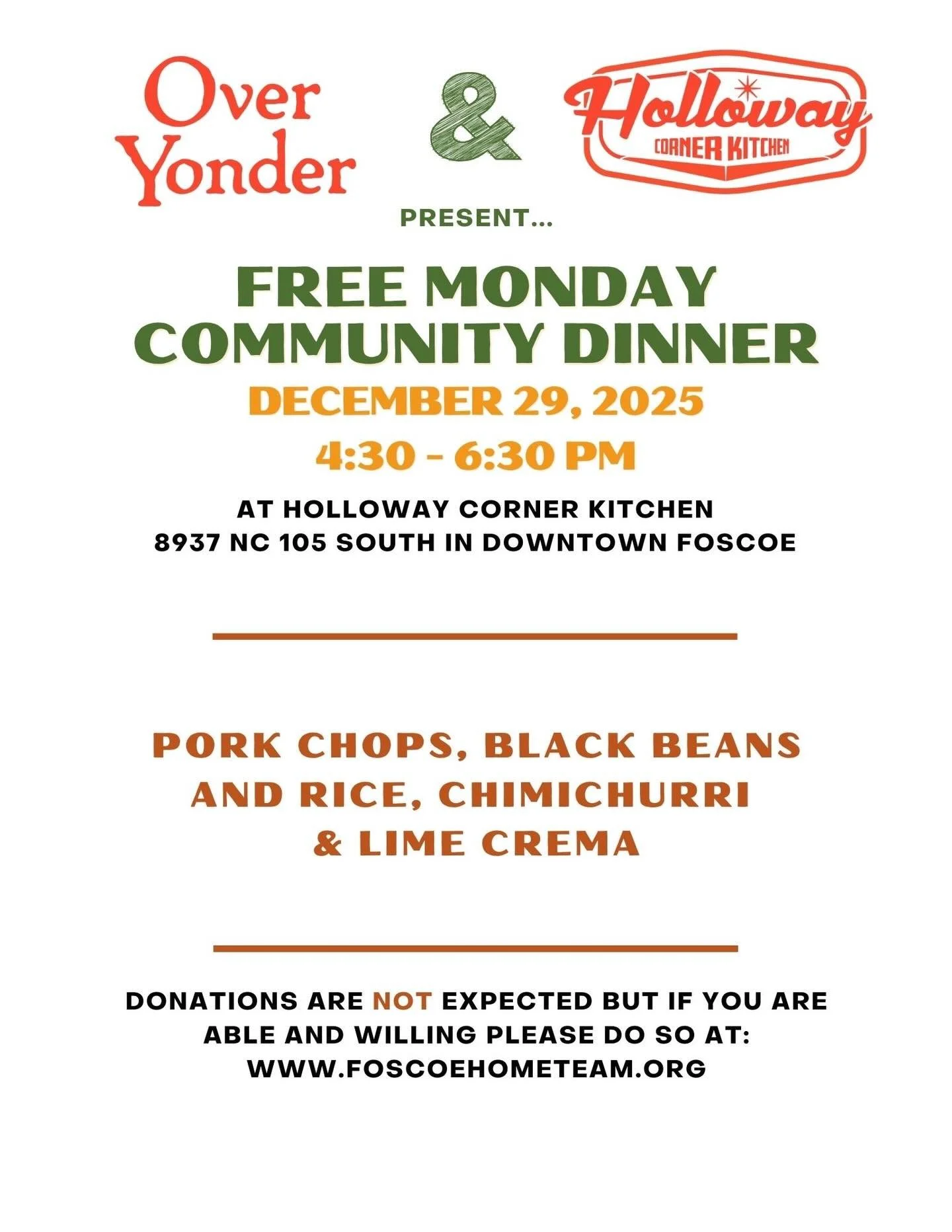 @overyondernc and @hollowaycornerkitchen present MONDAY NIGHT COMMUNITY DINNERS at HCK!!! **Donations are not expected, but if you are able and willing, please direct all funds to our friends @foscoe_hometeam THANK YOU!!!
#foscoe #communitydinner #ov