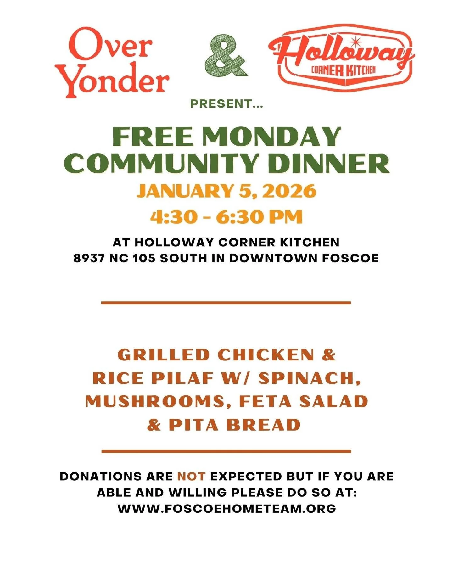 #mondaynightcommunitydinners sponsored by @overyondernc and HCK roll into 2026 TONIGHT @hollowaycornerkitchen from 4:30-6:30pm!!