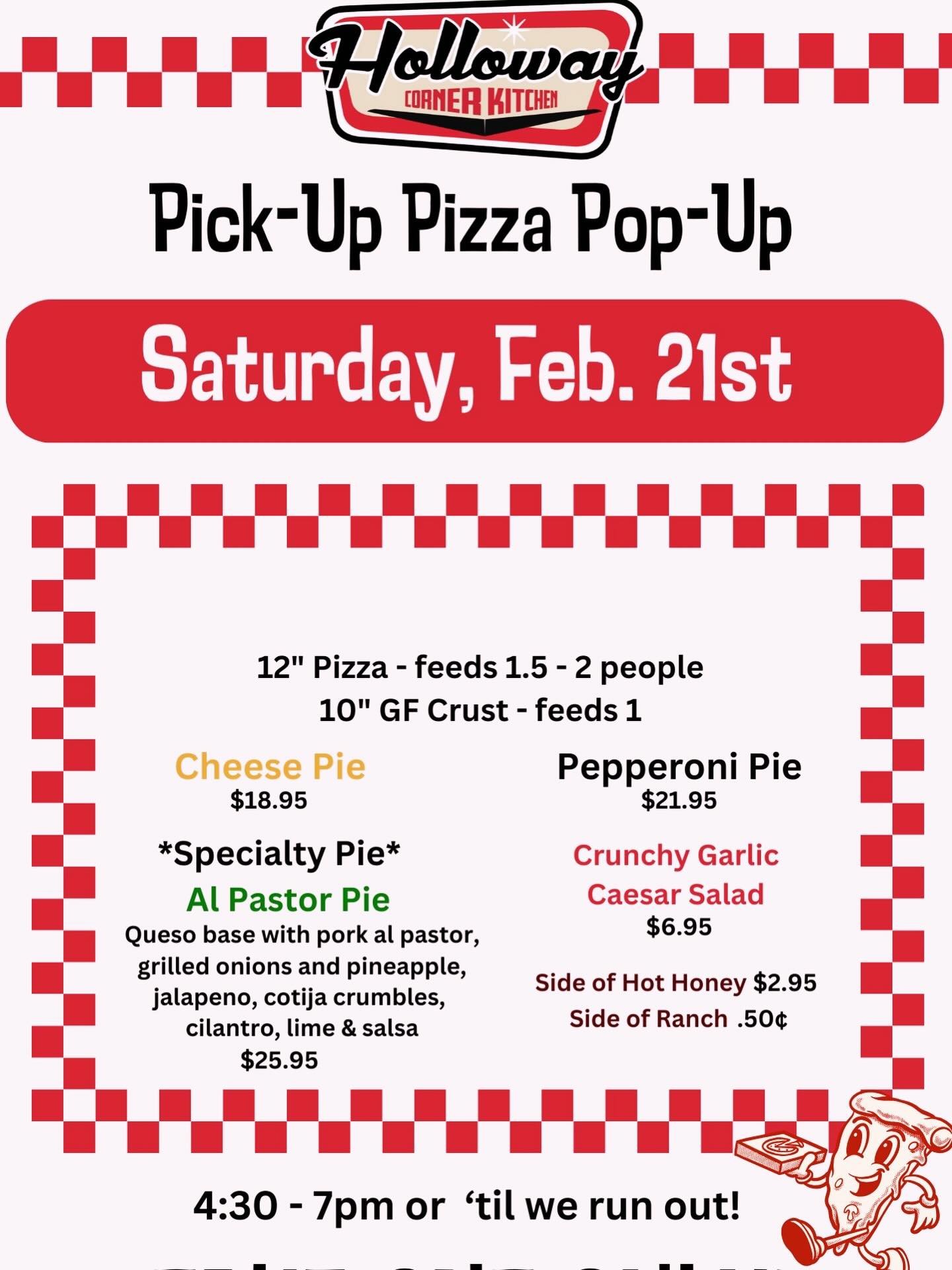 @hollowaycornerkitchen rolls in the dough every Saturday night for our PIZZA POP UP!! Pre-order at any time, and don&rsquo;t forget to check out our rotating SPECIALTY PIE. We even have a GLUTEN FREE CRUST option. Y&rsquo;all come see us this weekend
