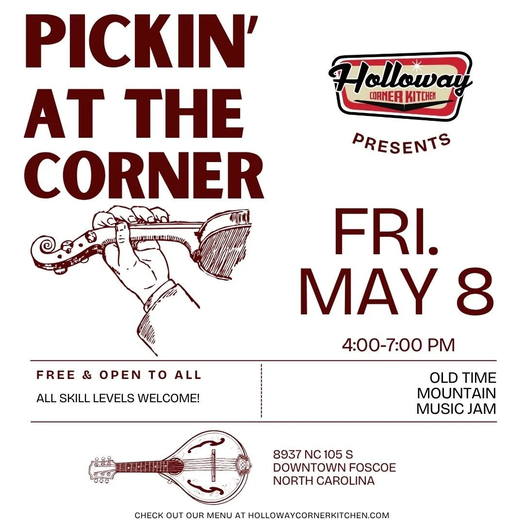 THIS FRIDAY, @hollowaycornerkitchen will host another wonderful evening of PICKIN&rsquo; AT THE CORNER!! Grab your instruments and slide over to downtown Foscoe for FISHY FRIDAY and hopefully some live roots music! 
#hollowaycornerkitchen #pickinatth