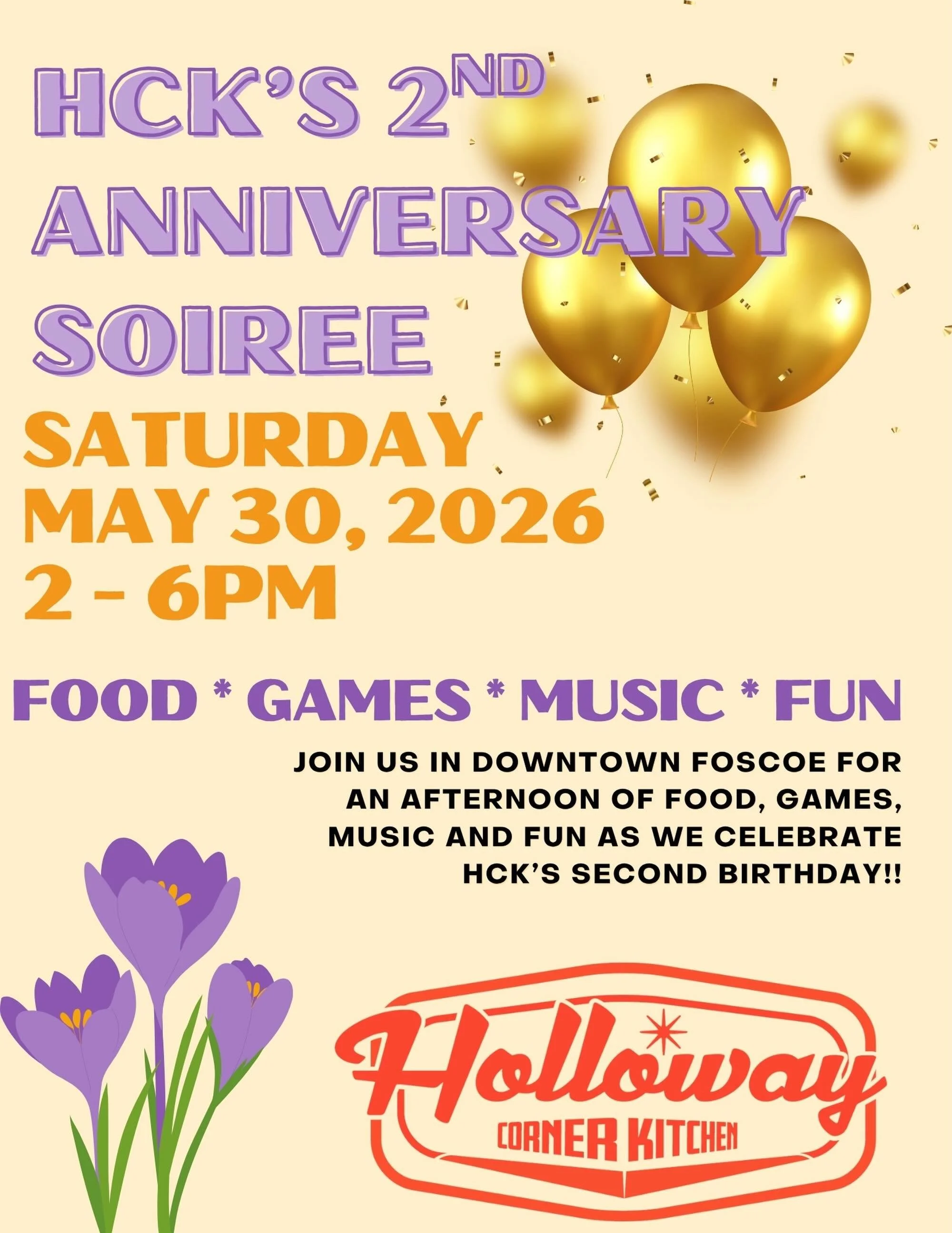 THIS SATURDAY, MAY 30, slip on over to downtown Foscoe and join @hollowaycornerkitchen for our 2nd Anniversary Soir&eacute;e!!! From 2-6pm, we&rsquo;ll be hosting LIVE MUSIC, CAKE WALK, GAMES, A DUNK TANK FUNDRAISER with Foscoe Volunteer Fire Departm