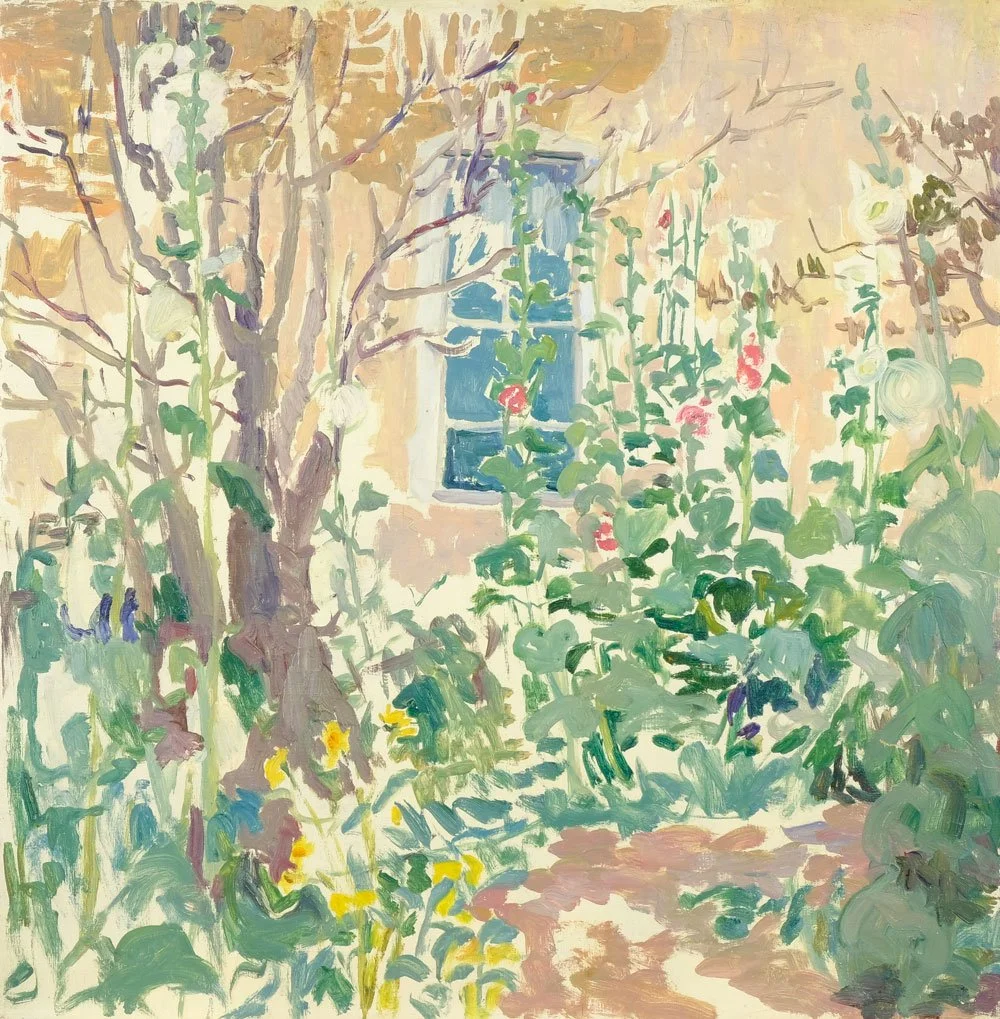 Hollyhocks Outside Blue Window by Laura van Pappelendam is art for sale at Addison Rowe Gallery, 505-982-1533