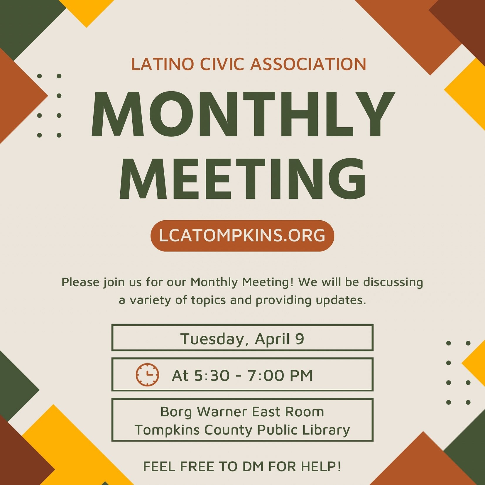 Join us this Tuesday! We will be meeting at the @tcplny to talk about the new board, upcoming goals, and upcoming immigrant help.

go to: LCATOMPKINS.ORG , if you have any questions, or DM us! 

#ithaca #ithacacollege #cornell #downtownithaca #latino