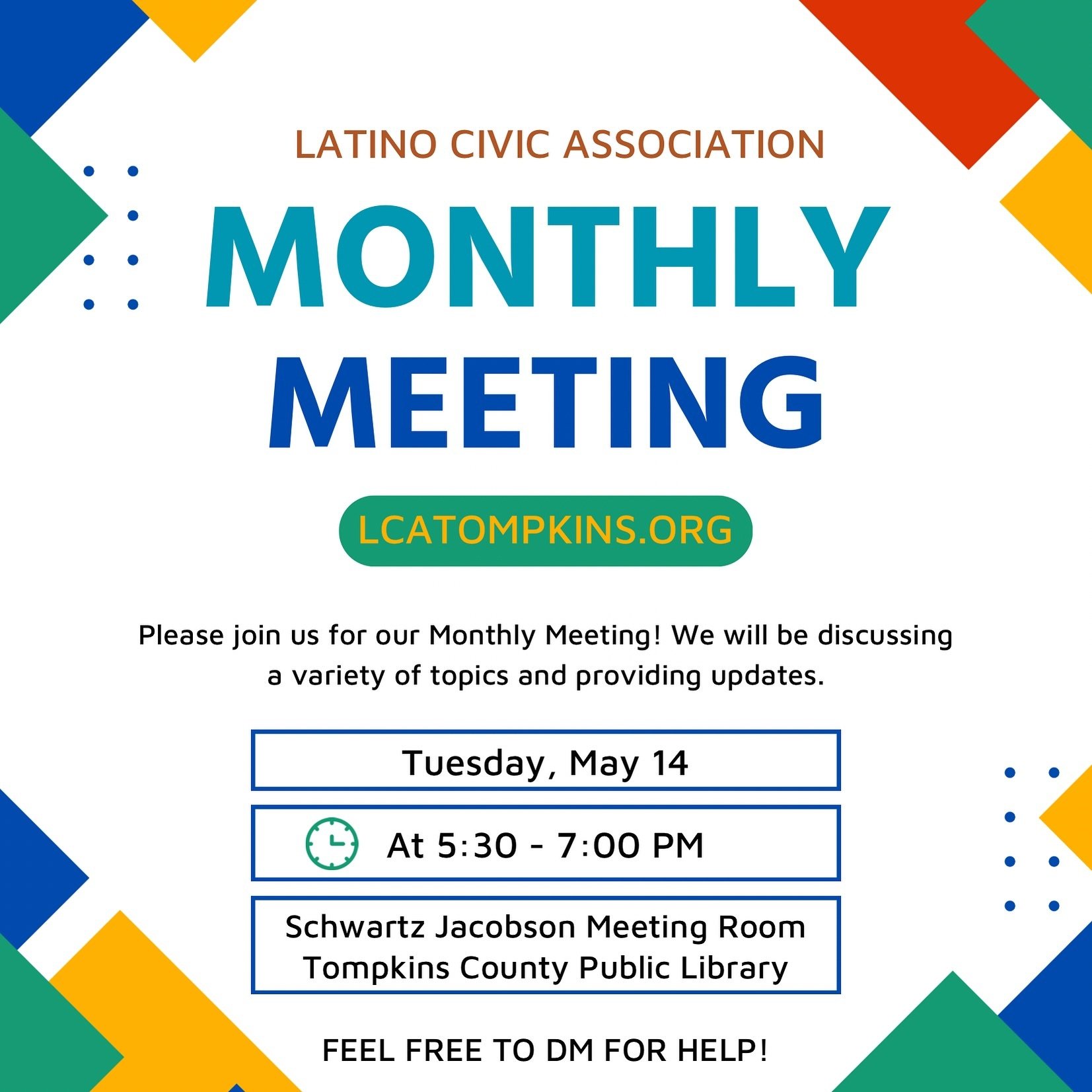 Join us this Tuesday! We will be meeting at the @tcplny to talk about the new board, upcoming goals, and upcoming immigrant help.

go to: LCATOMPKINS.ORG , if you have any questions, or DM us! 

#ithaca #ithacacollege #cornell #downtownithaca #latino