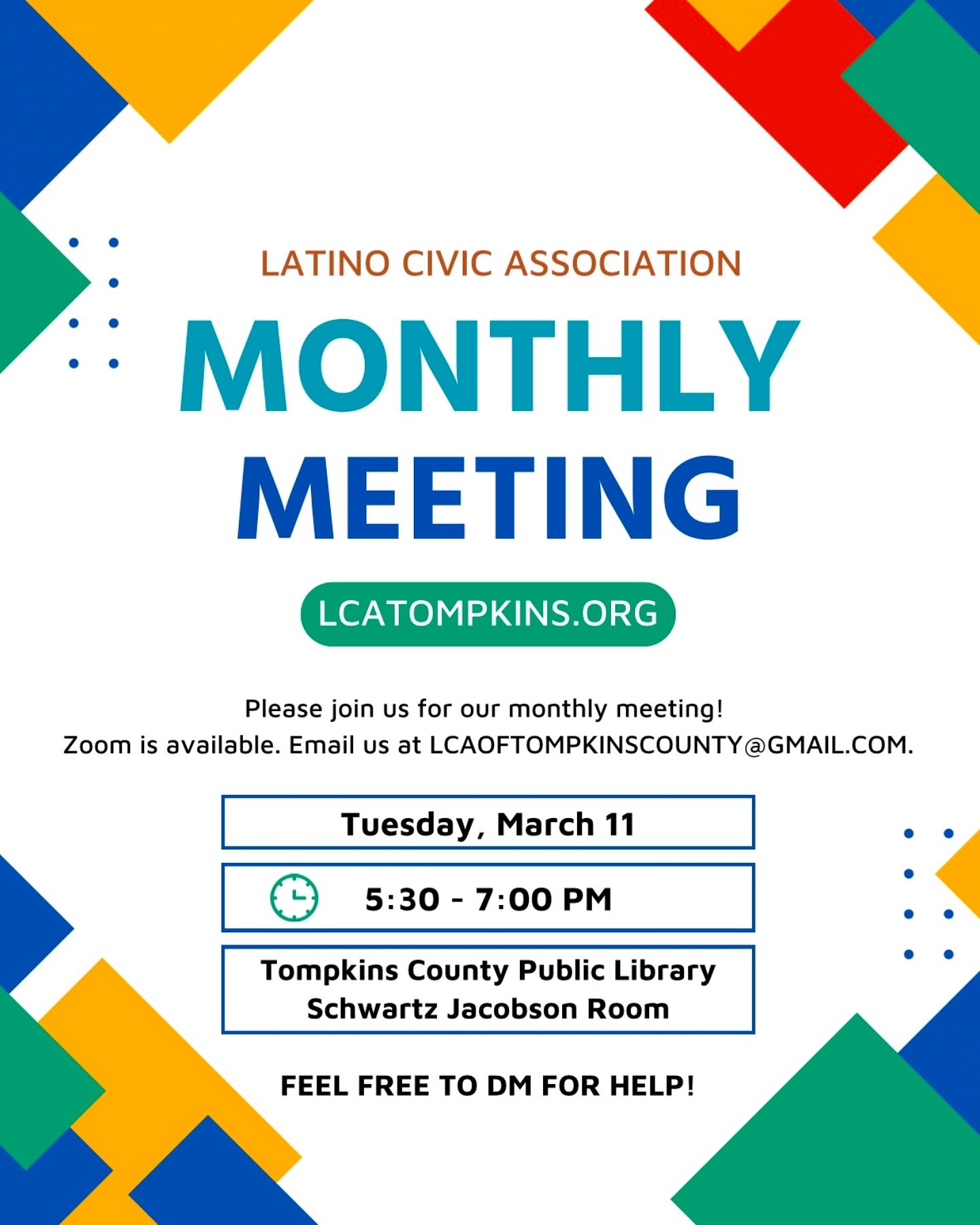 Join us for our upcoming monthly board meeting! Todos est&aacute;n bienvenidos.