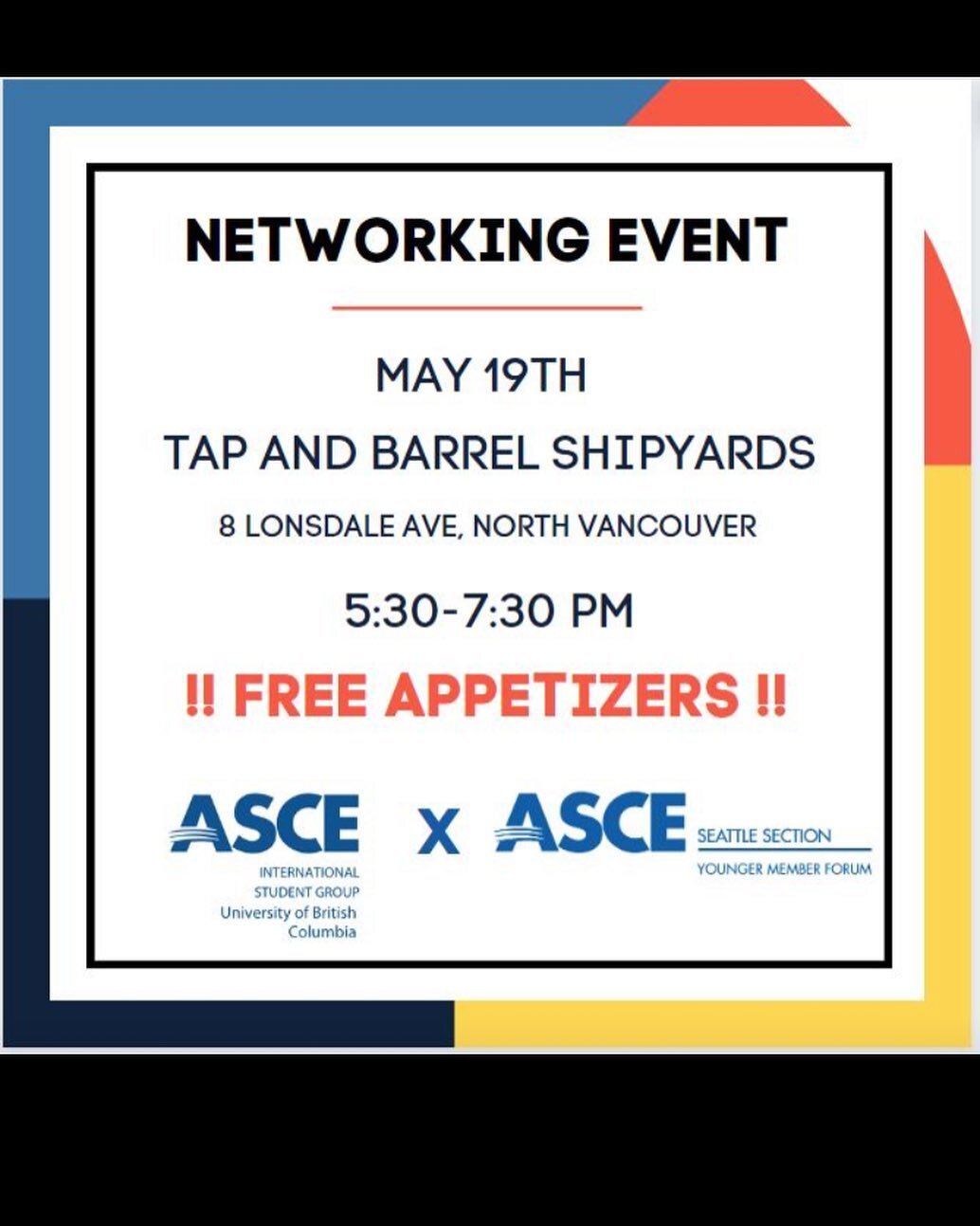 Hello Young Civil Engineering Professionals!

Please join the American Society of Civil Engineers (ASCE) Seattle Section Younger Member Forum (YMF) and University of British Columbia (UBC) ASCE for our first ever Joint Networking Event!!

ASCE will b