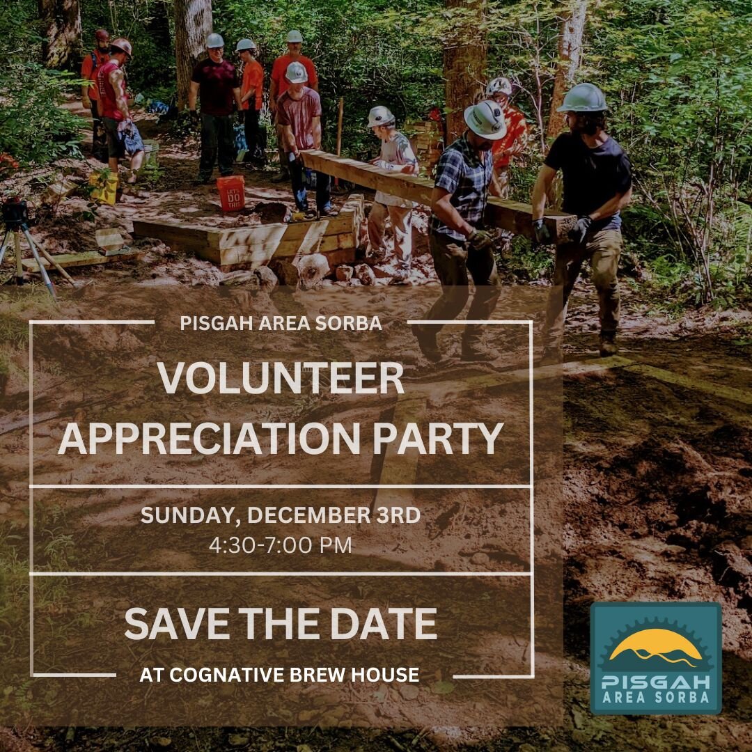 Pisgah Area SORBA is excited to host our dedicated volunteers for our annual Volunteer Appreciation Event! Join us at the @cognativebrewhouse for some delicious food, beverages, raffle, and volunteer recognition.

Sign up by following the link under 