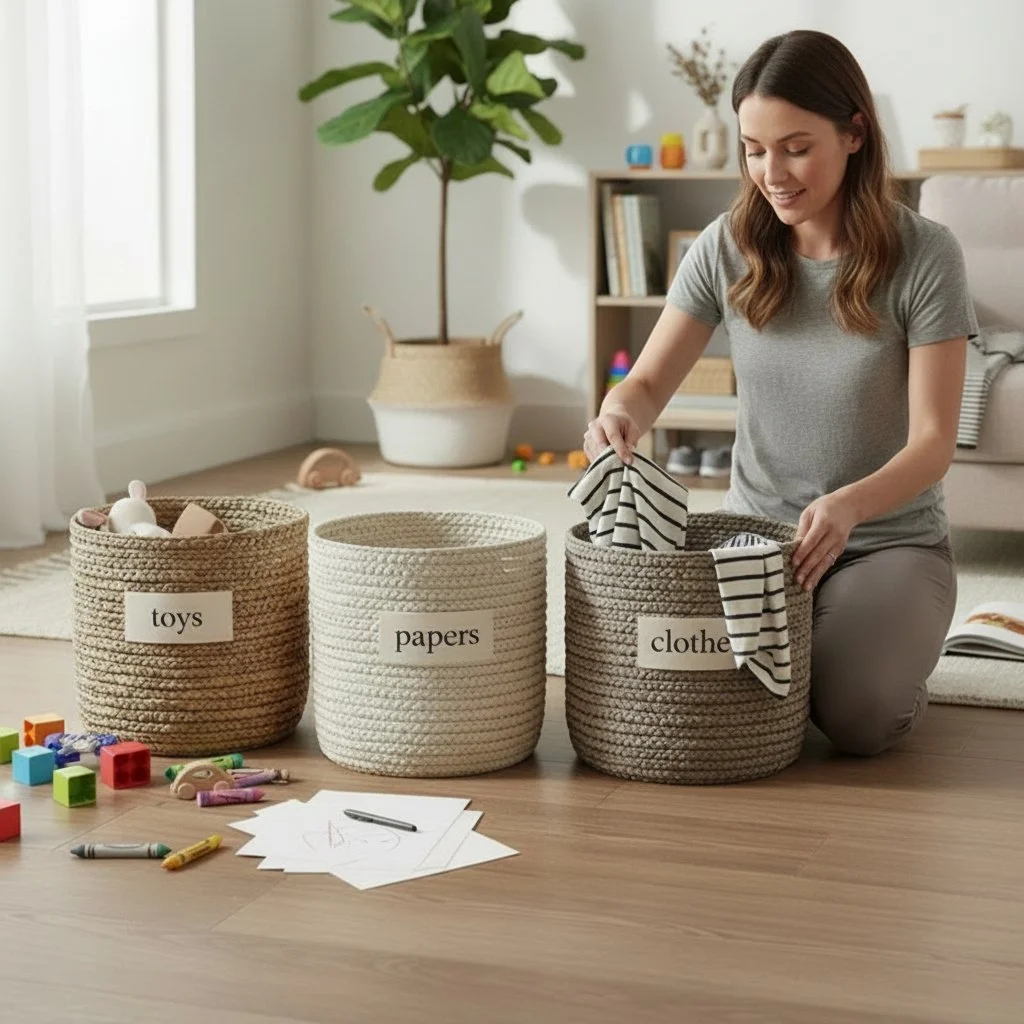 Woman organizing toys, papers, and clothes in labeled woven baskets in a living room.
