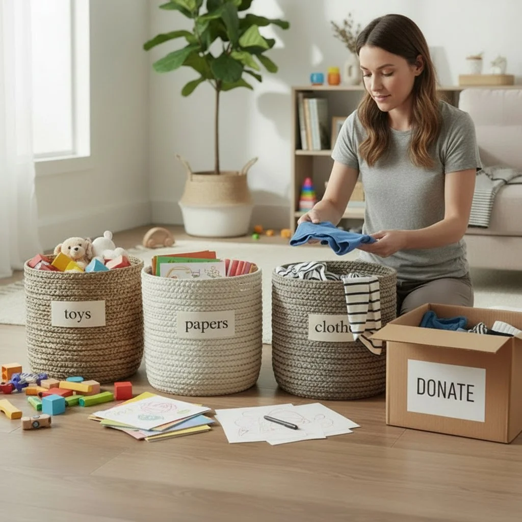 A woman organizing donated items into labeled baskets for toys, papers, and clothes in a bright room.