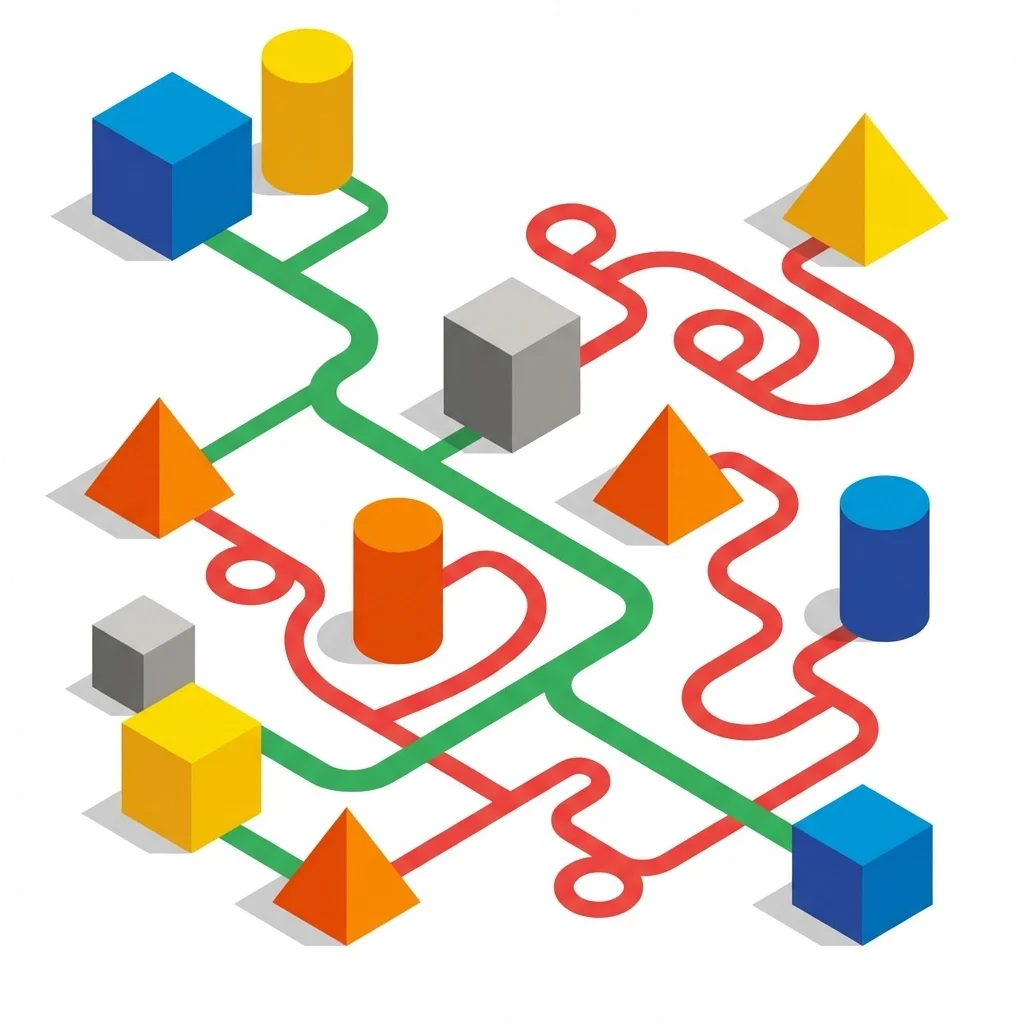 Isometric illustration of geometric shapes connected by winding green and red paths, symbolizing efficient workflows versus inefficient processes.