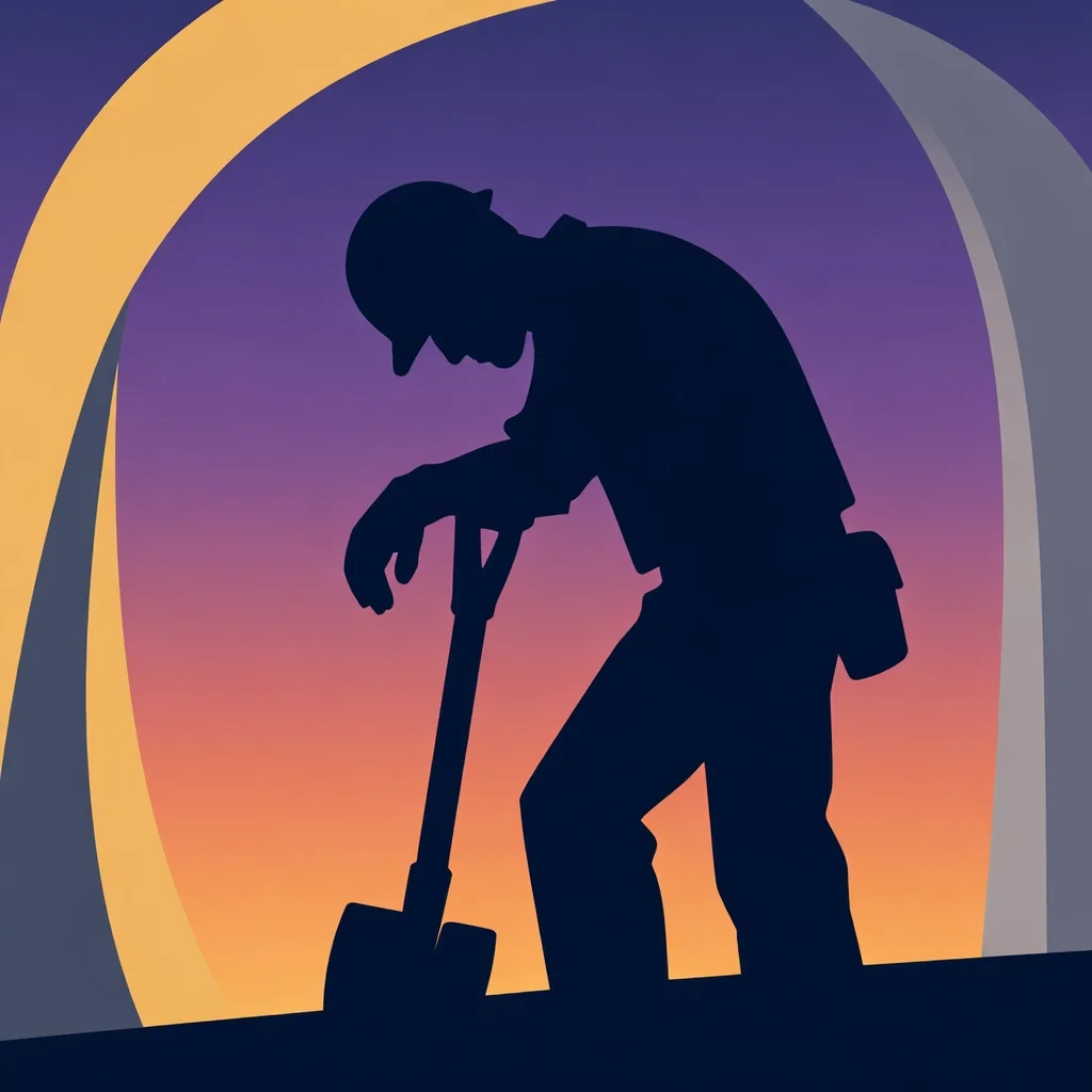 Exhausted construction worker leaning on shovel at sunset, representing fatigue and the physical demands of manual labor