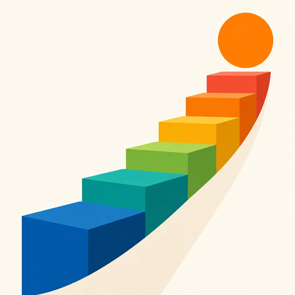 A series of solid geometric blocks arranged in an upward-curving staircase pattern, leading to success, representing growth and profitability.