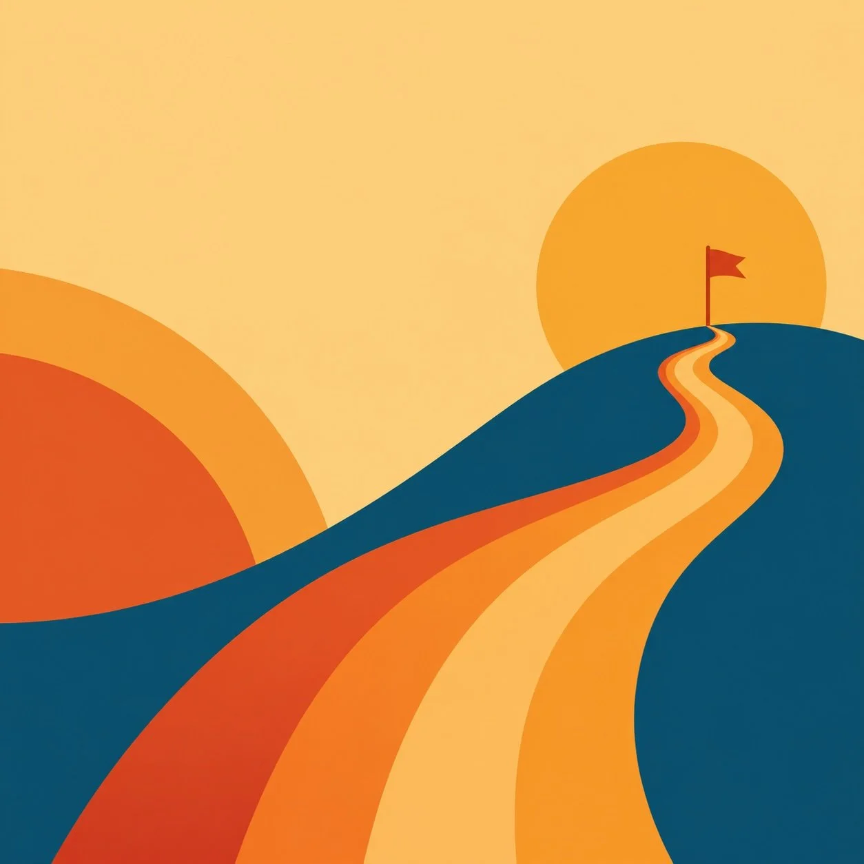 Colorful winding path leading up a hill toward a red flag under a large sun, symbolizing a clear journey toward a defined goal and achievement.