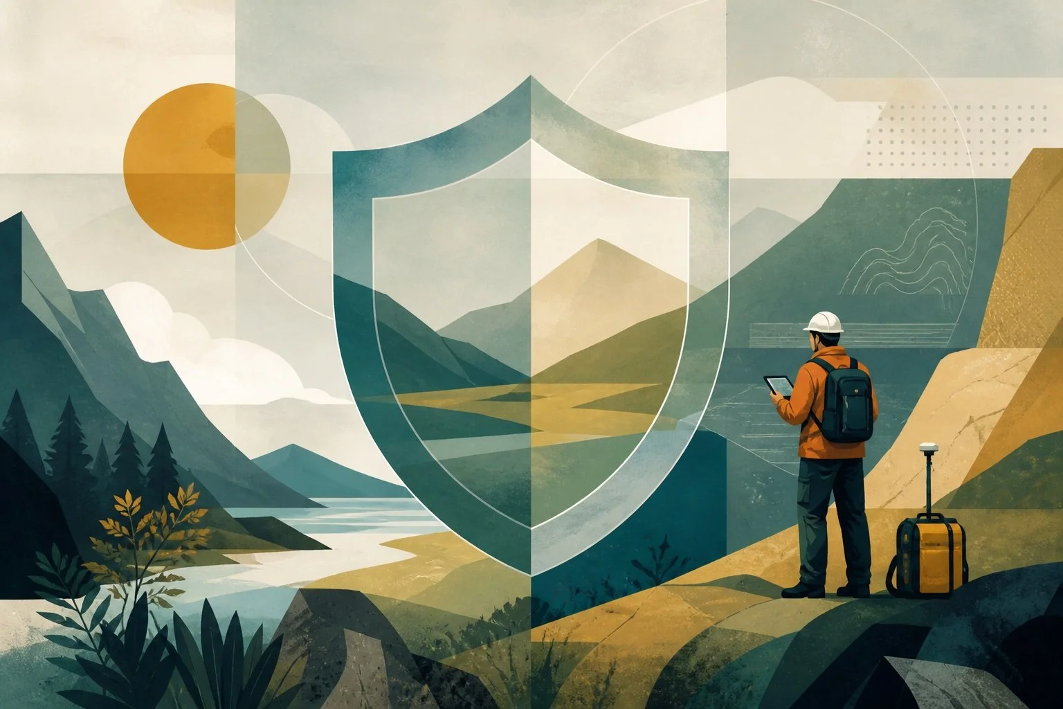 Field worker reviewing data in a mountainous landscape with a protective shield overlay, representing insurance coverage, risk management, and field safety.