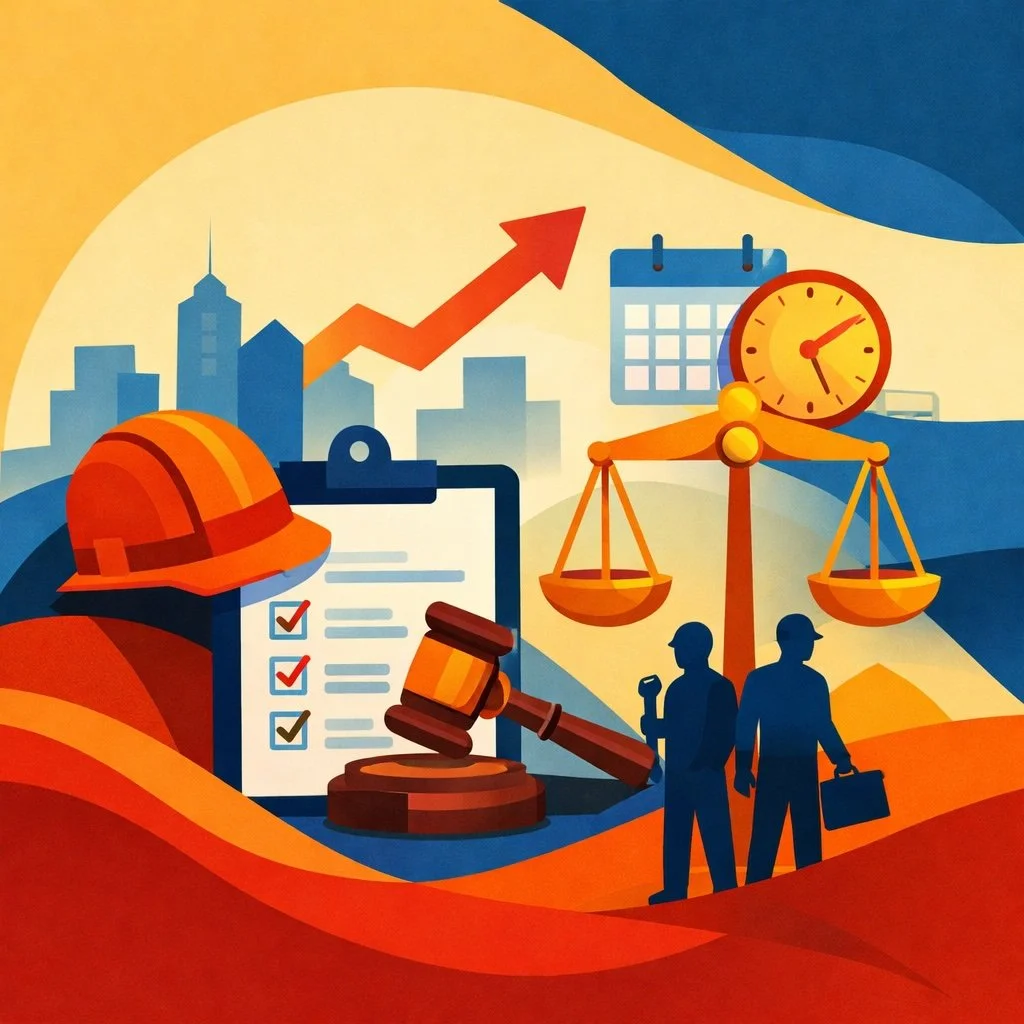Minimalist flat illustration representing labor law changes with a gavel, checklist clipboard, construction helmet, workers, scales of justice, and calendar over a city skyline in warm orange and blue tones.