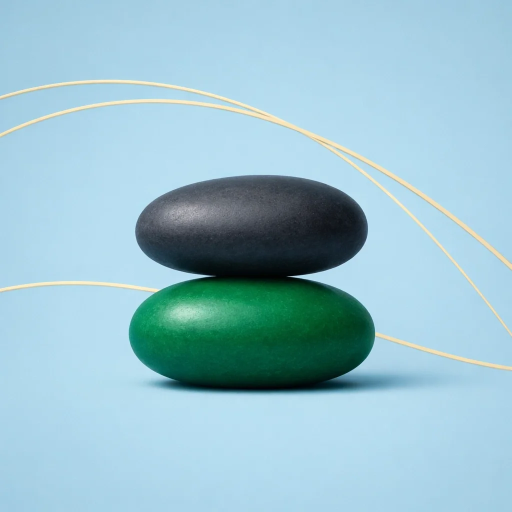 Two smooth stacked stones balanced on each other, symbolizing stability, balance, and calm in workflows or decision-making.